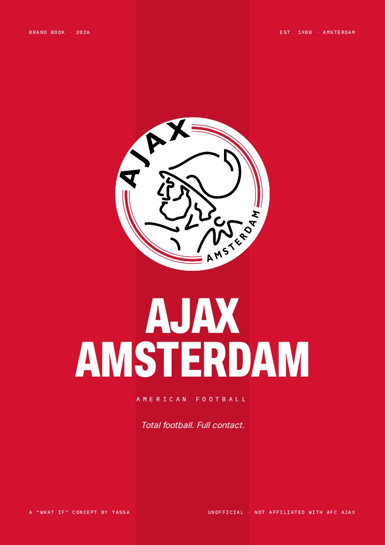 Ajax Amsterdam American Football brand book cover: white crest on Ajax red with a darker red centre band