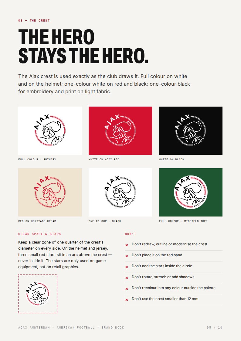 Brand book page showing the Ajax crest in full colour, white on red, white on black, red on cream, black and on turf green
