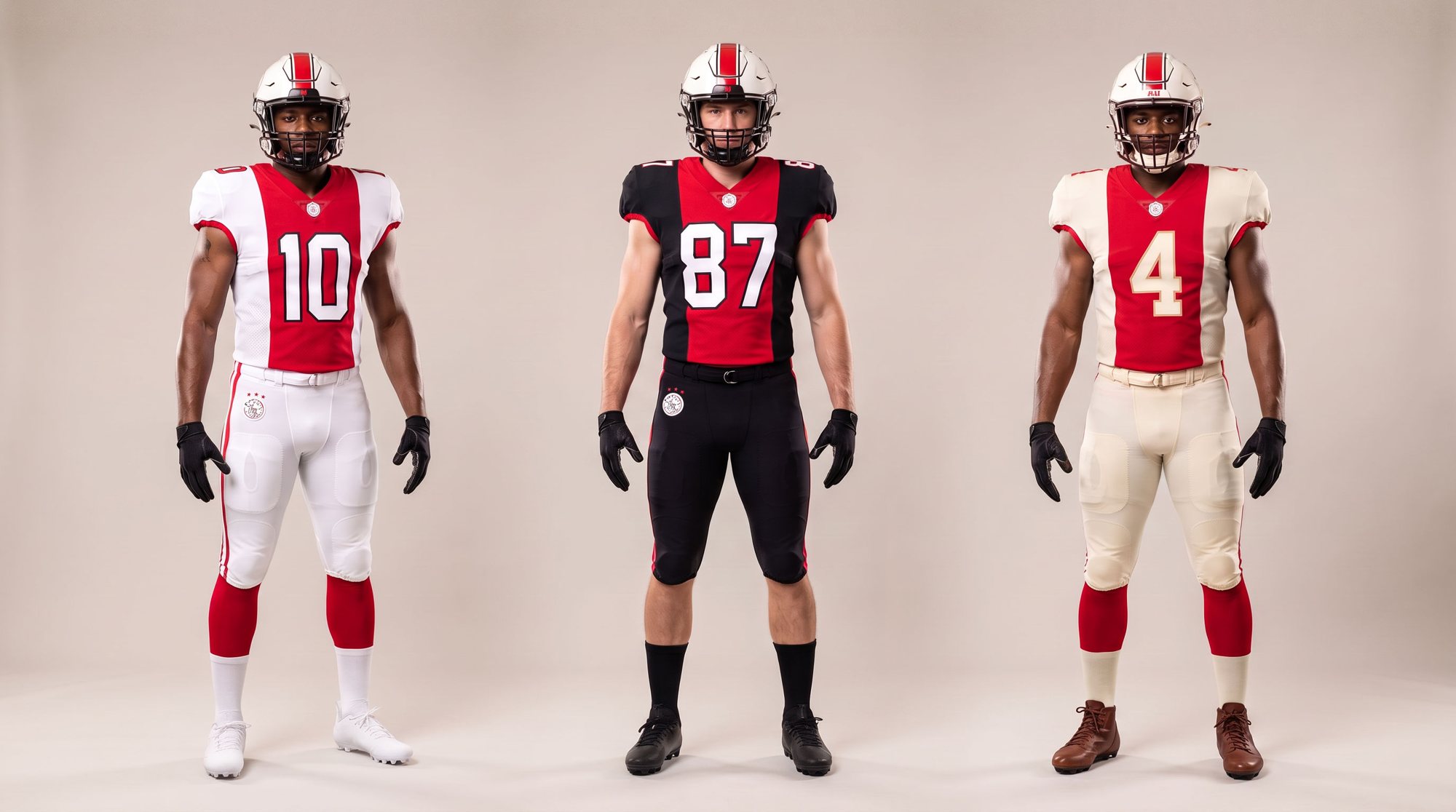 Three American football players in the Ajax home (white with red band, 10), away (black with red band, 87) and heritage 1900 (cream with red band, 4) uniforms, all in the white Ajax helmet