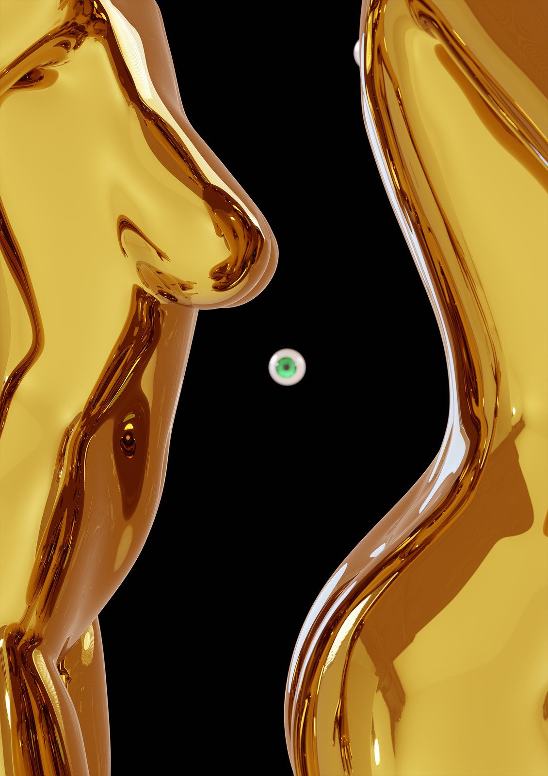 Envy by YASSA: two gold chrome bodies facing each other with a single green eye floating between them, from the 7 Deadly Sins series
