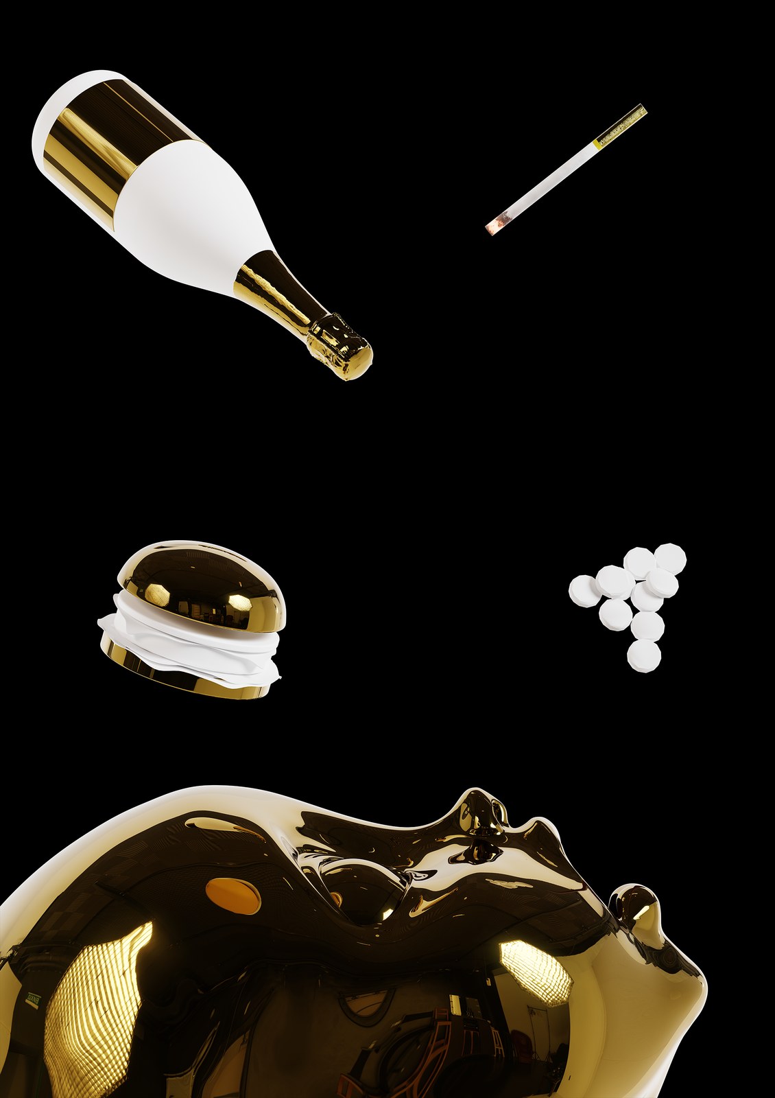 Gluttony by YASSA: a gold chrome head tilted back, mouth open, beneath a floating champagne bottle, burger, cigarette and pills, from the 7 Deadly Sins series
