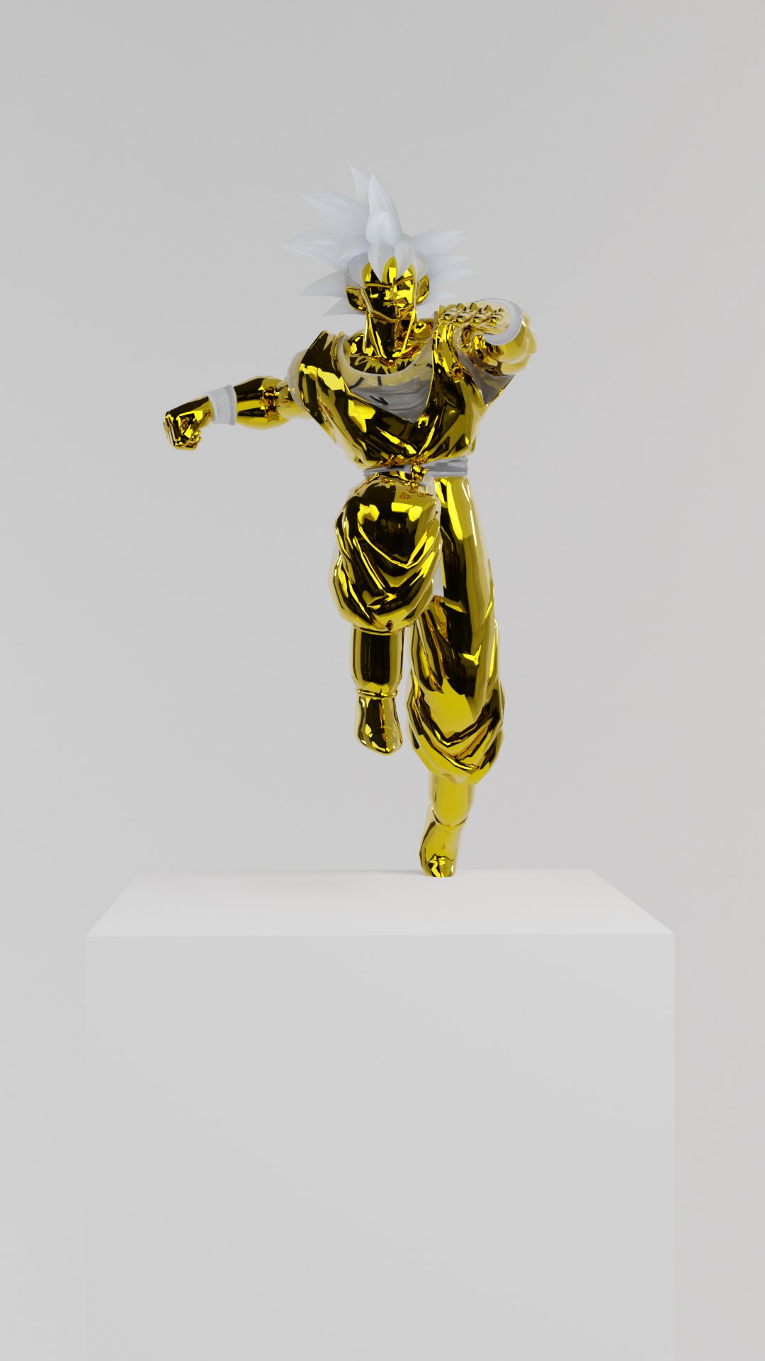 Goku by YASSA: a gold chrome Goku with white hair leaping forward in a fighting pose above a white plinth, from the Bronze collection