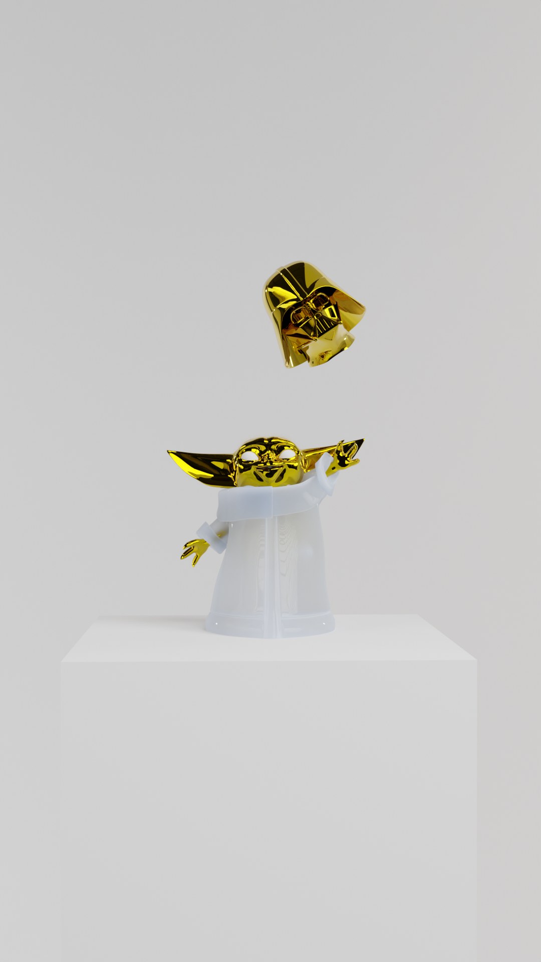 Grogu by YASSA: a gold chrome Grogu rising from a white pod, reaching up towards a floating gold helmet, from the Bronze collection