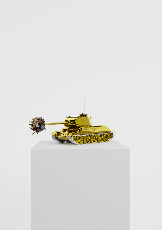 Make Love, Not War by YASSA: a gold tank on a plinth with a flower bouquet in the barrel