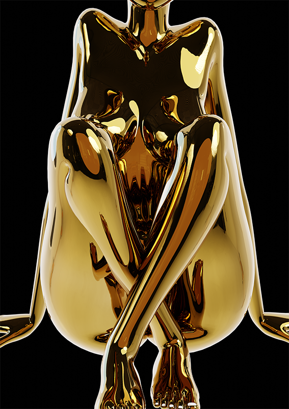 Sloth by YASSA: a gold chrome seated figure with knees drawn up, from the 7 Deadly Sins series