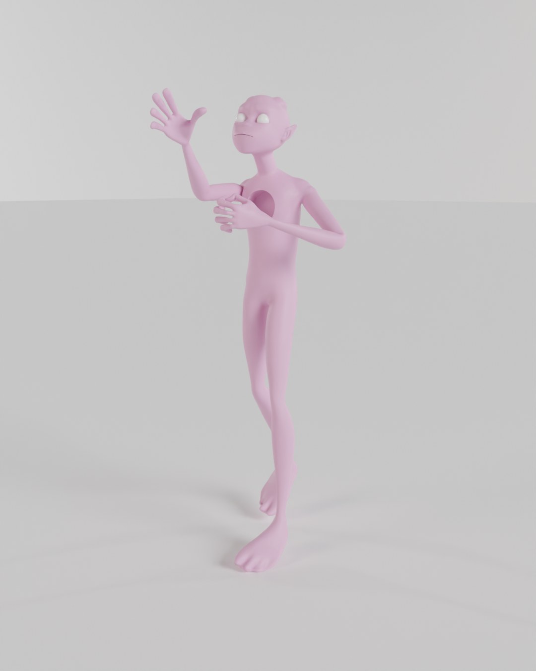 Hollow (UGGAR) by YASSA: a pale pink UGGAR figure standing with one hand raised and the other cupping an empty hole in his chest