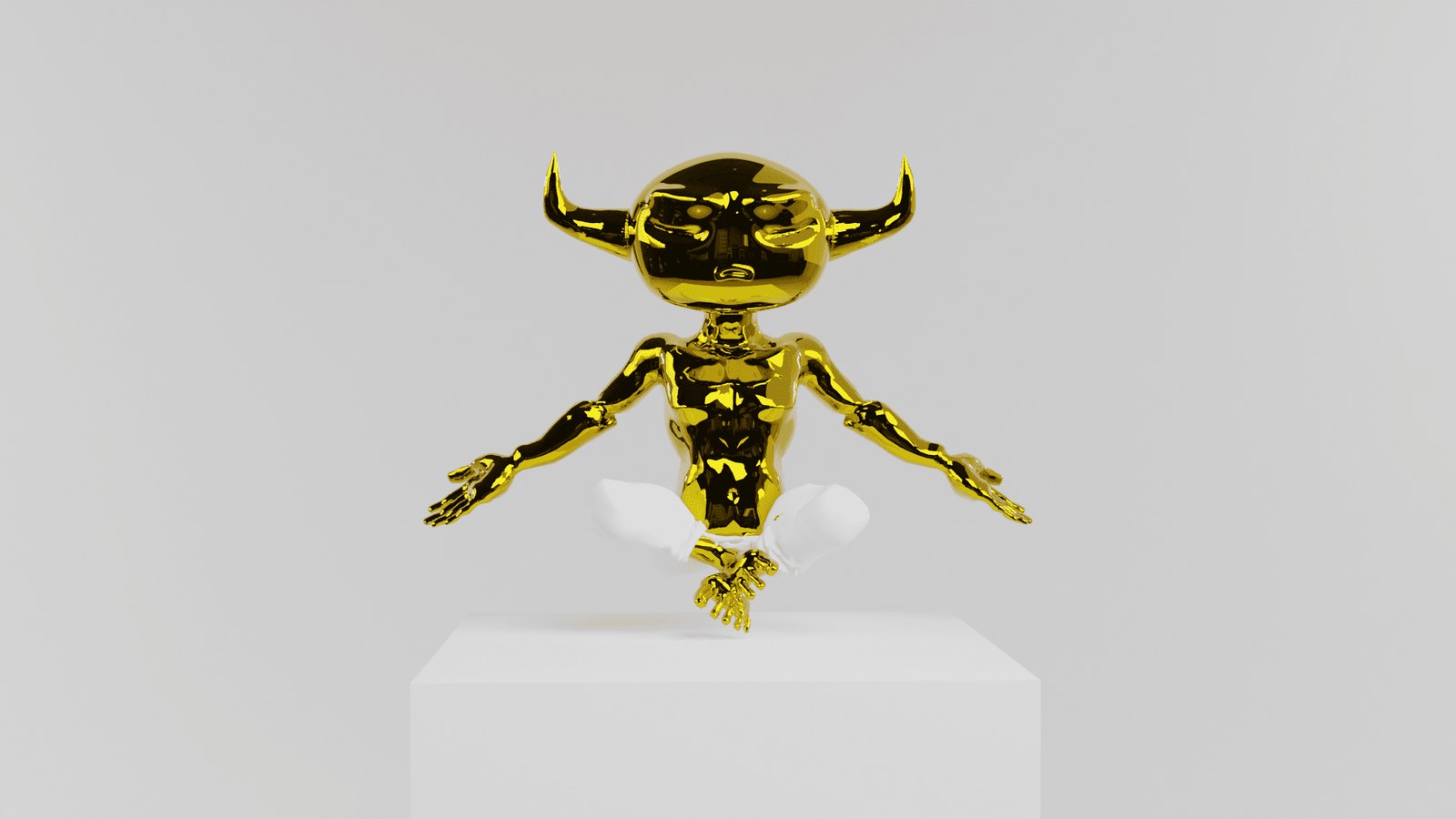 Zen (UGGAR) by YASSA: a gold chrome horned figure seated cross-legged on a white plinth