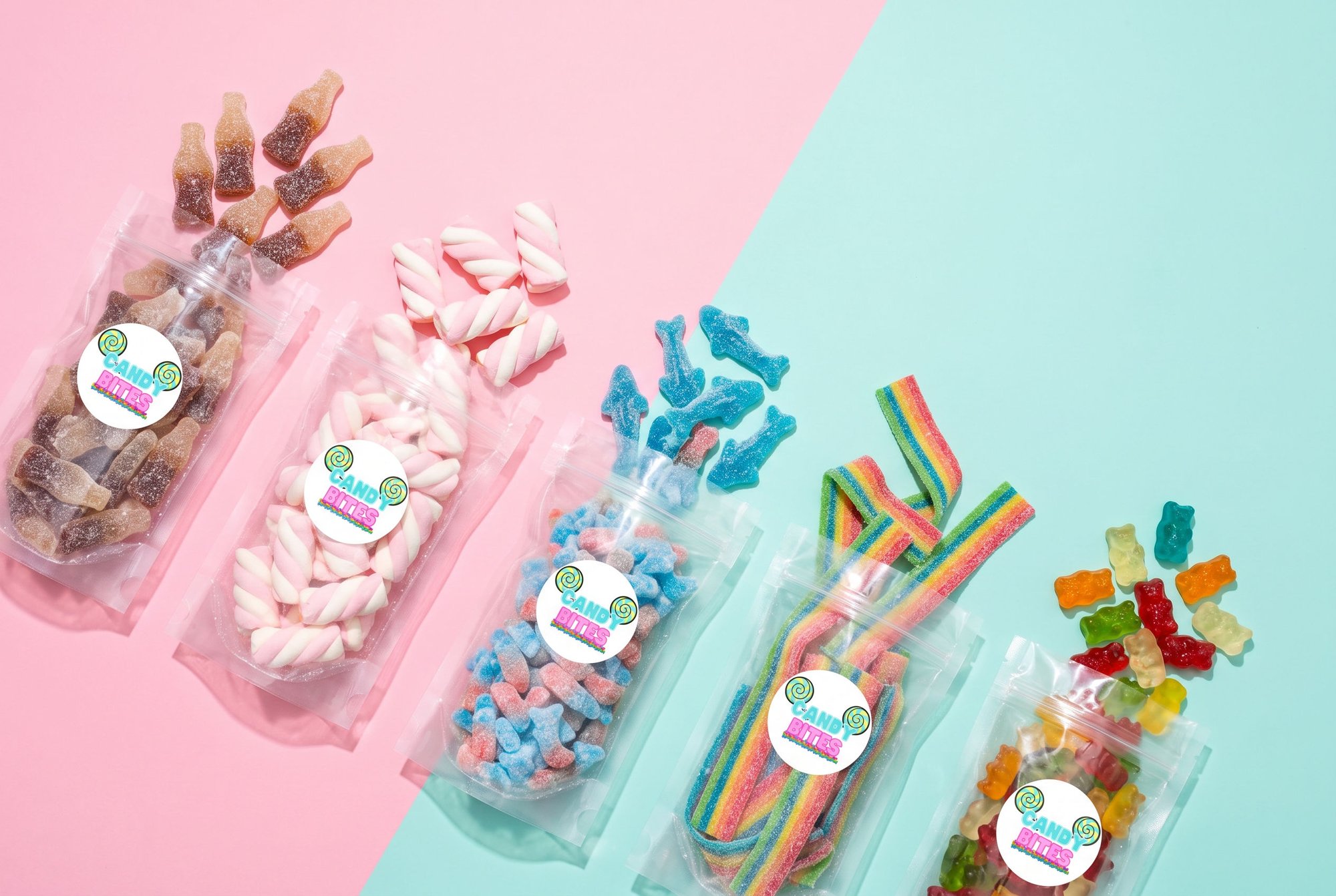 AI concept: Candy Bites pouches spilling candy on a pink and aqua split backdrop
