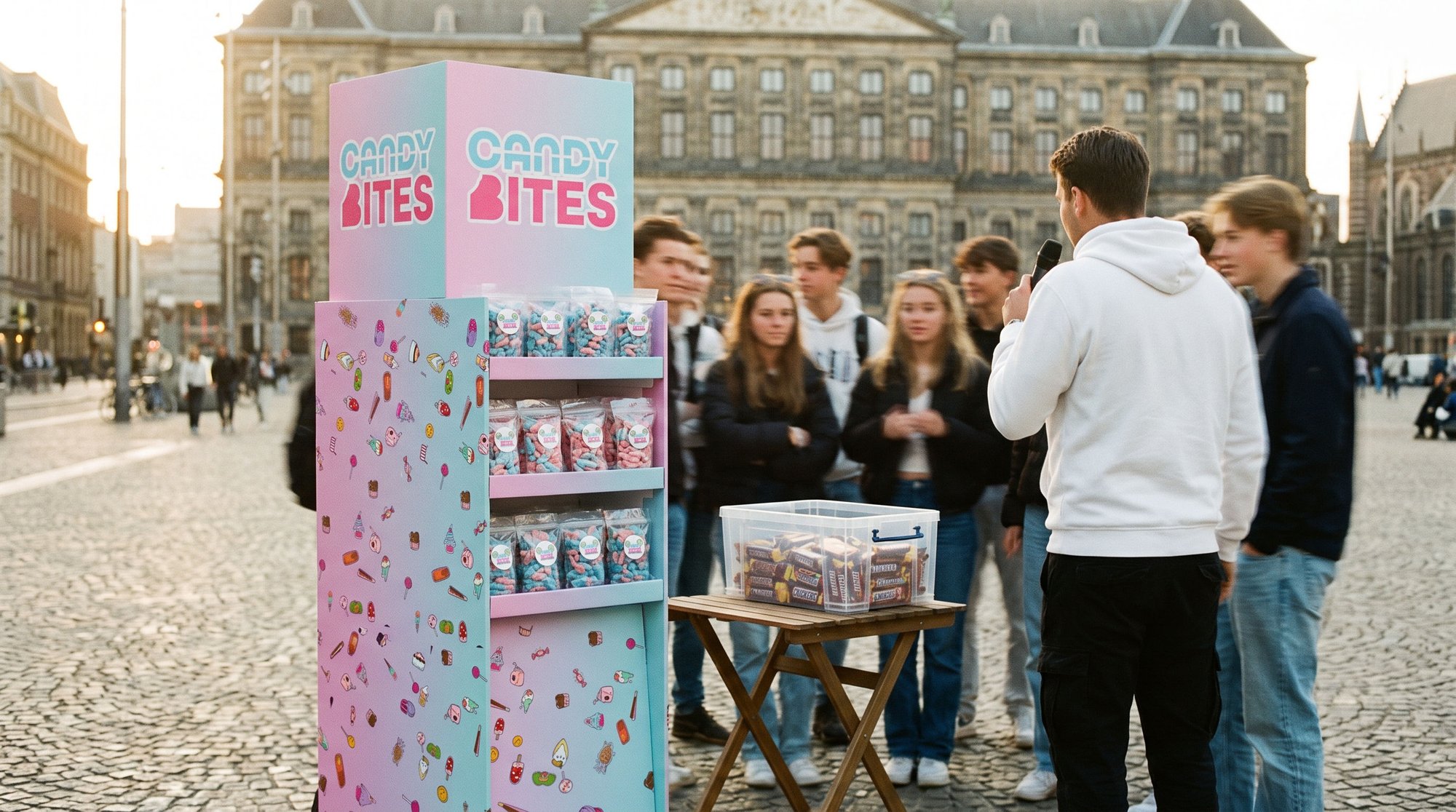 AI concept: a Candy Bites pop-up tower display and street interview on Dam Square