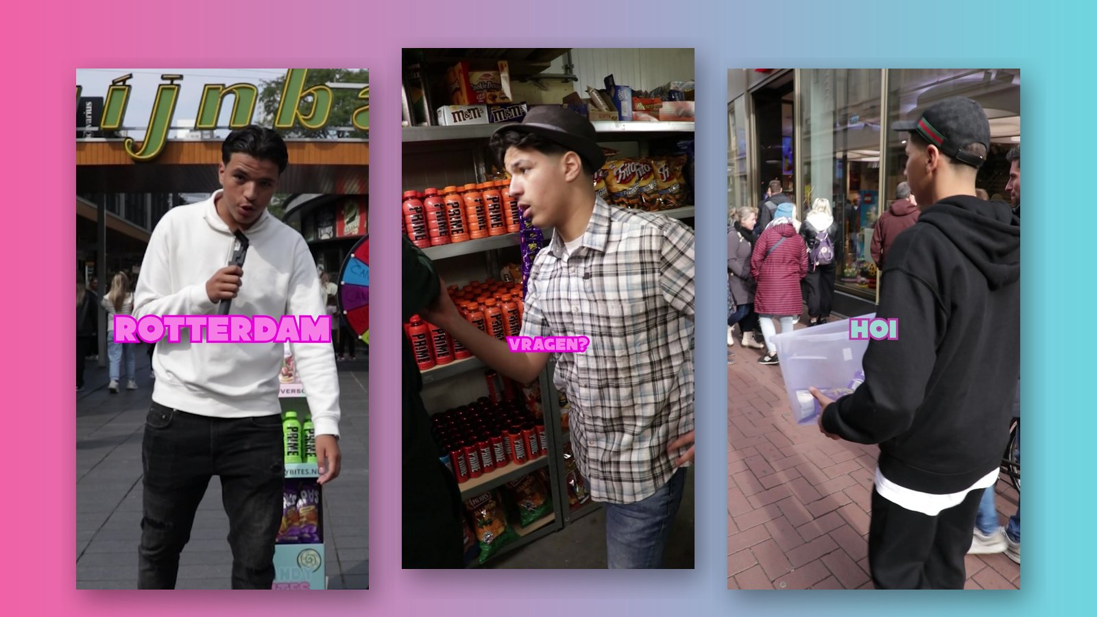 Three Candy Bites TikTok stills — Rotterdam, the shop and a giveaway — on a pink-to-aqua gradient