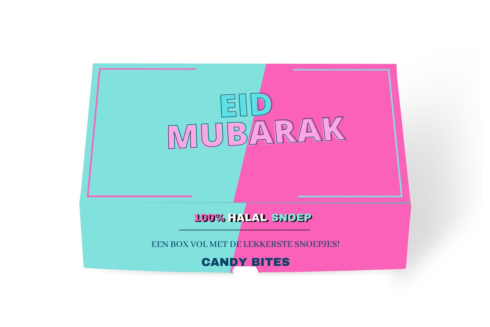 Candy Bites Eid Mubarak gift box in pink and aqua