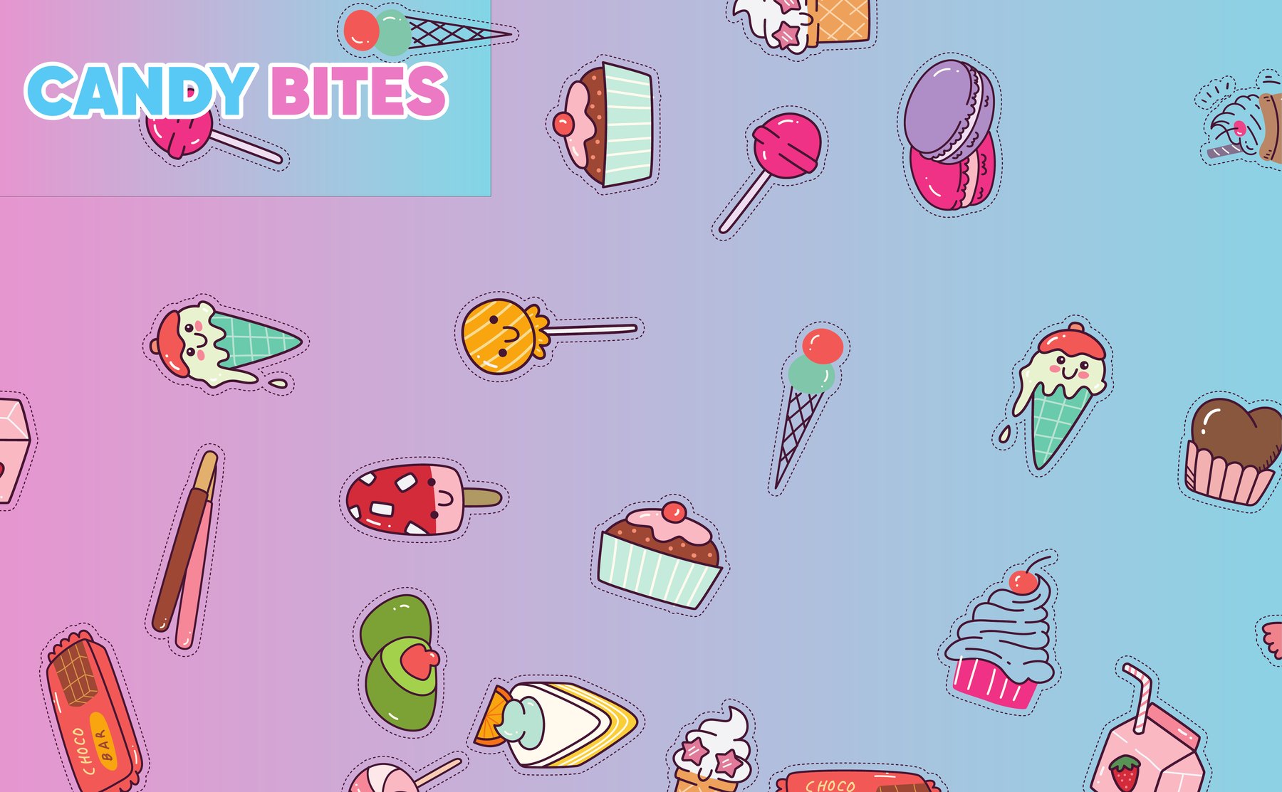 Candy Bites trade-fair counter design with a pink-to-aqua candy illustration pattern