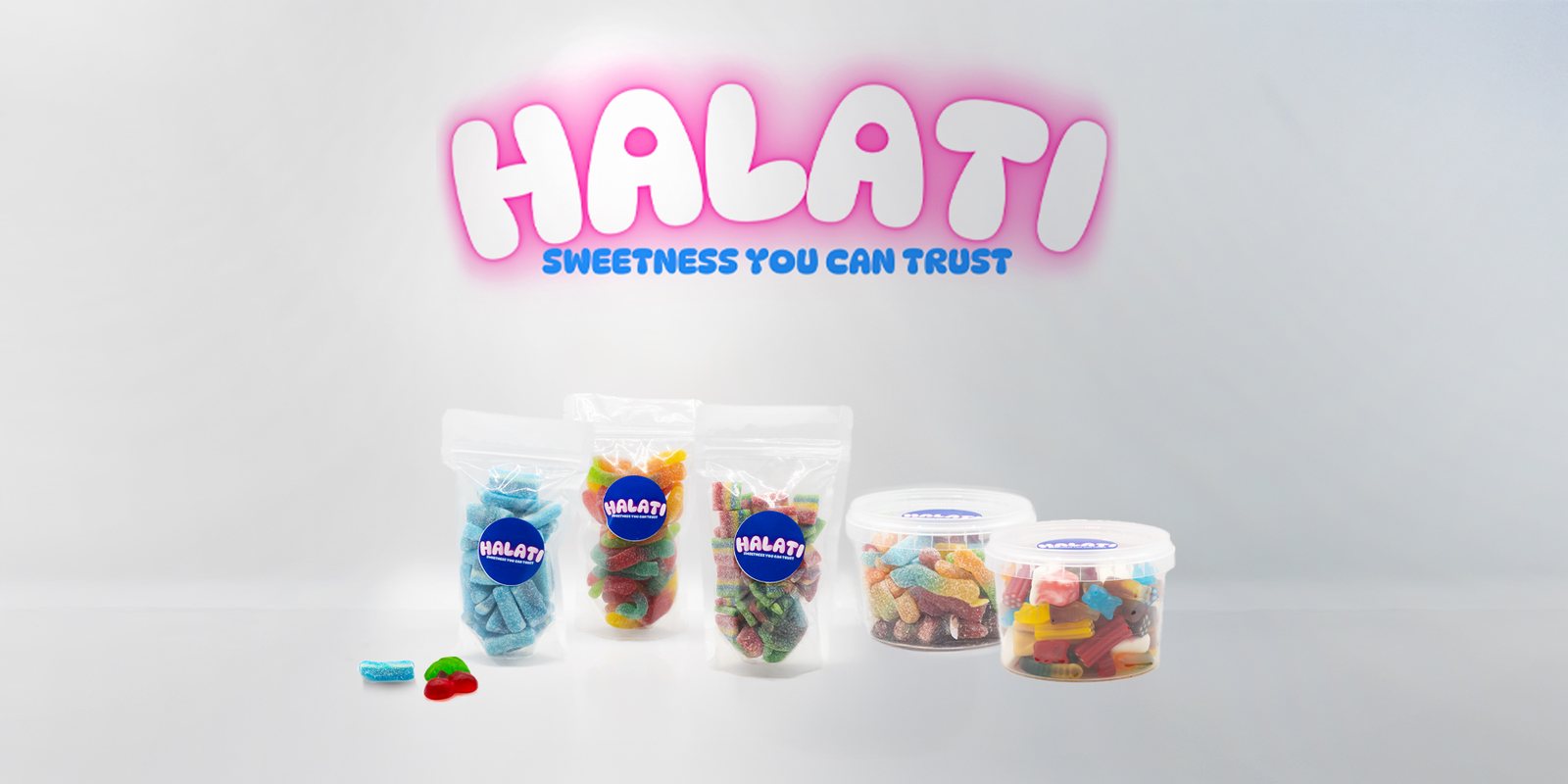 HALATI webshop banner: 'Sweetness you can trust' above a line-up of pouches and tubs