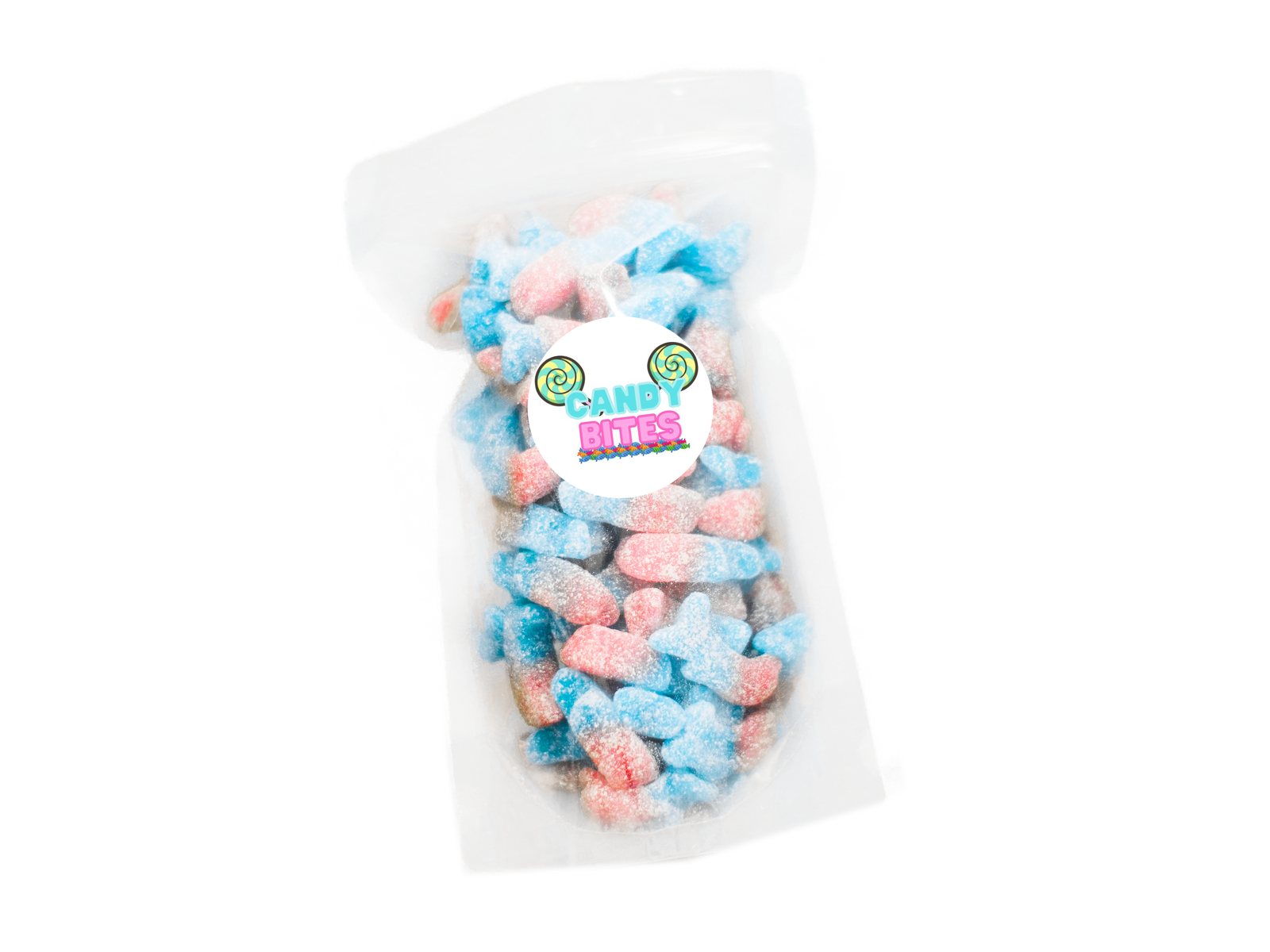 Candy Bites pouch of blue and pink bubblegum bottles on white