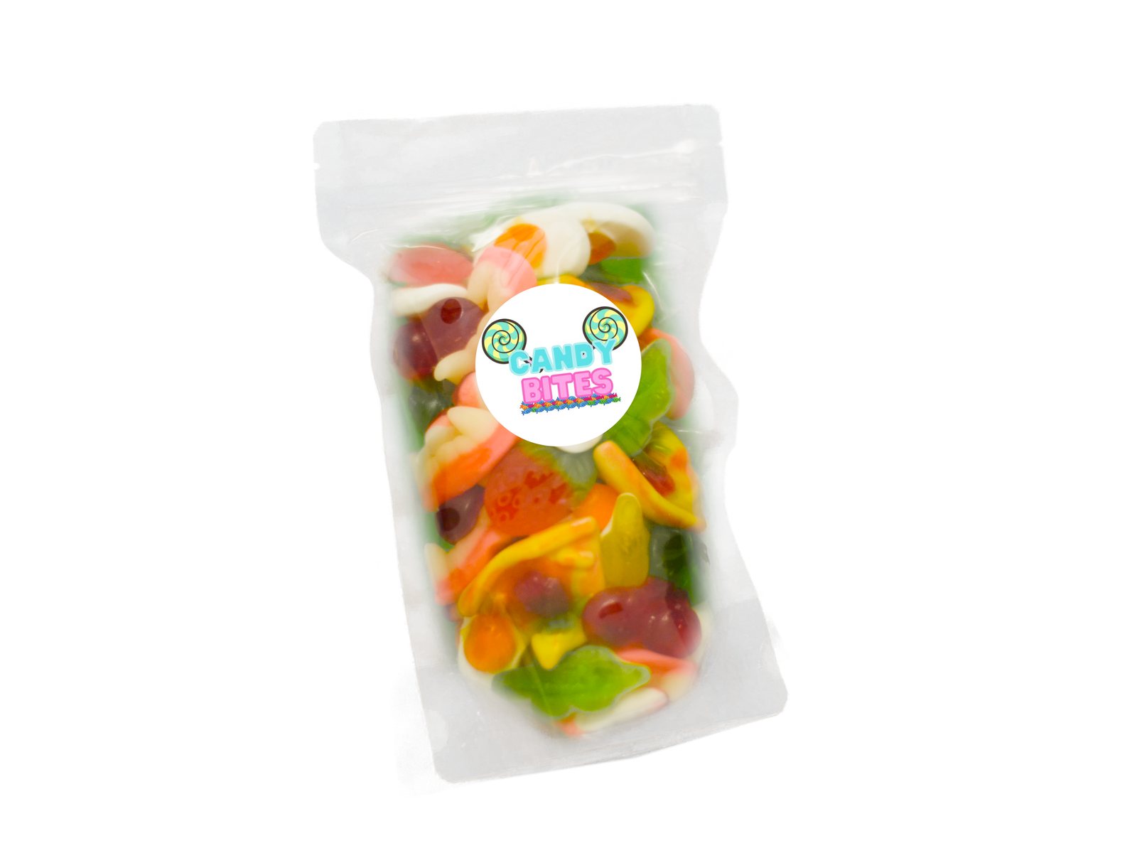 Candy Bites pouch of a red gummy mix on white