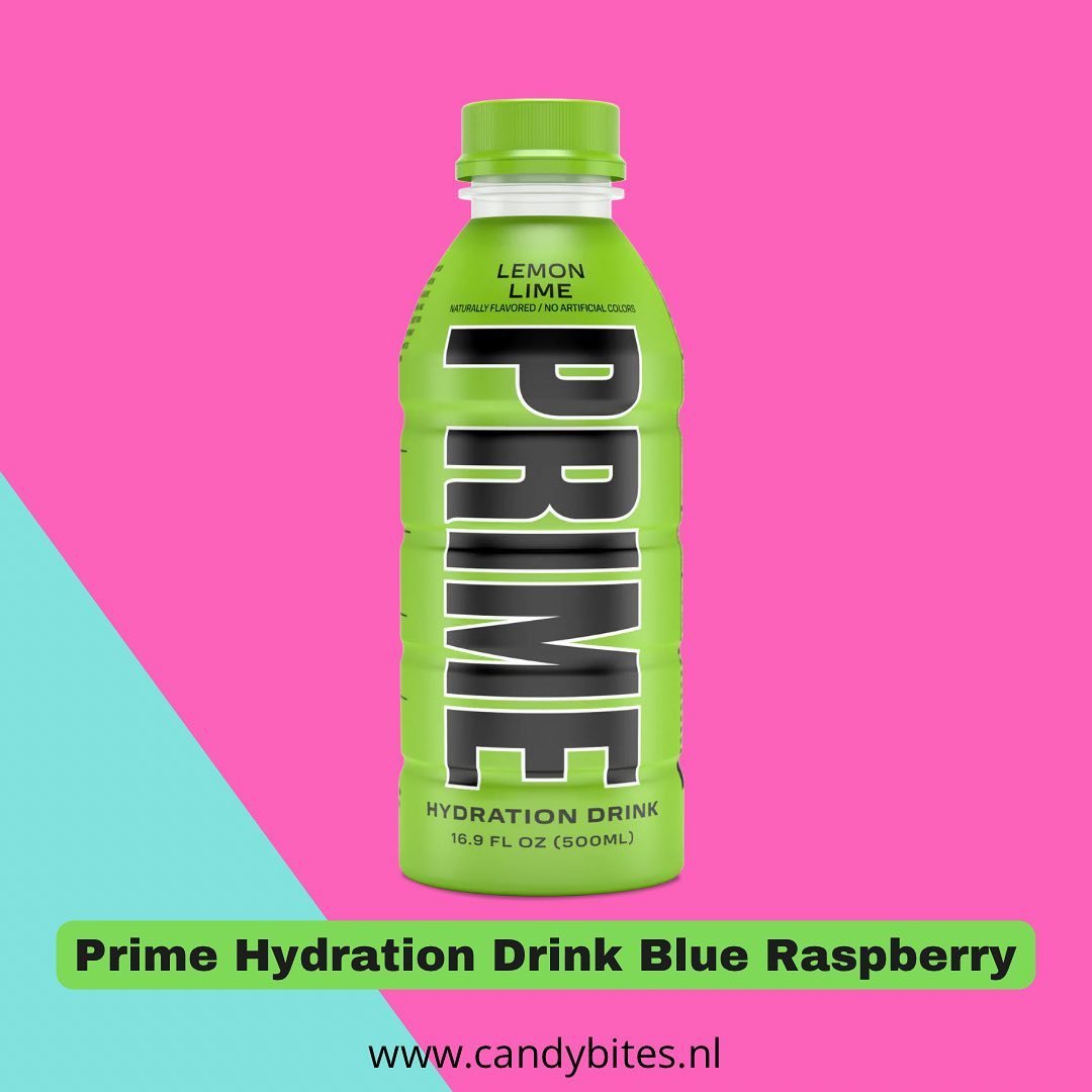 Candy Bites Instagram post: Prime Hydration lemon lime on a pink and aqua split