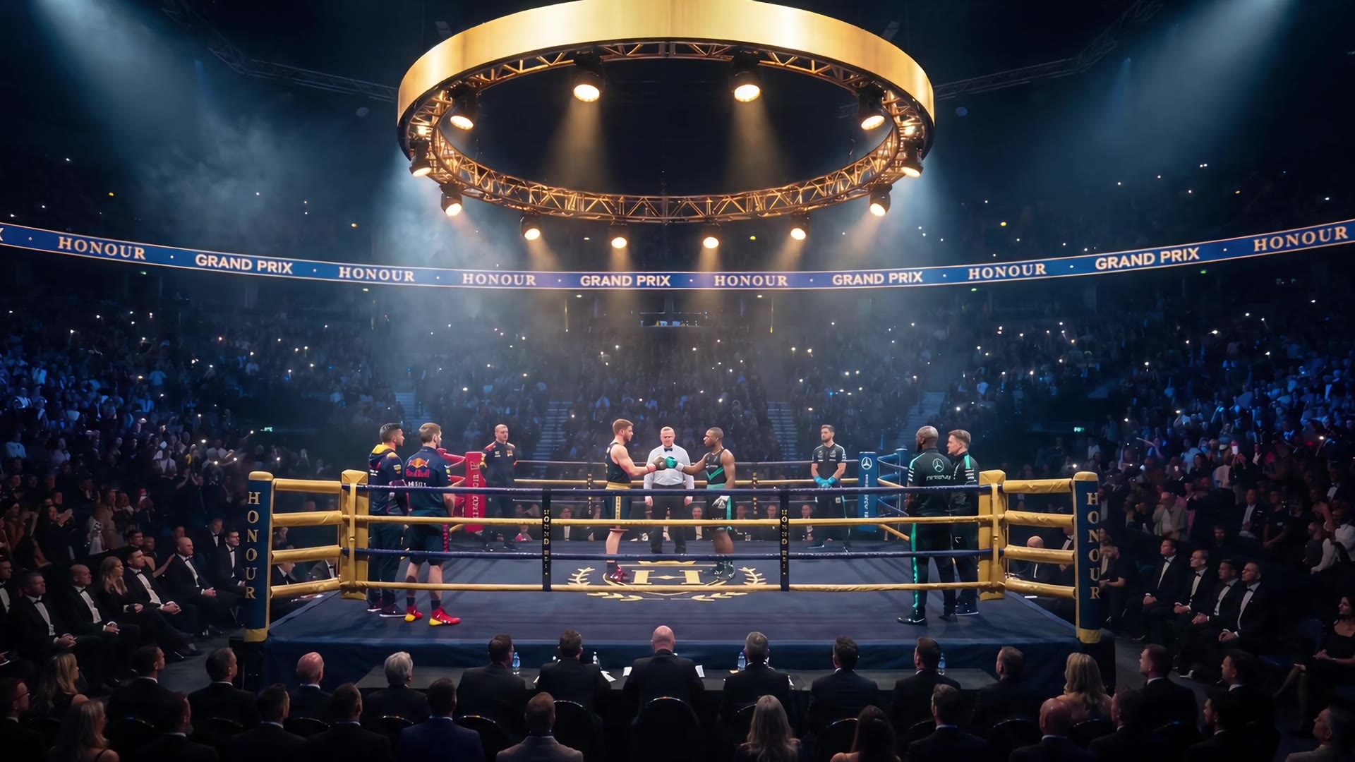 A sold-out HONOUR Grand Prix arena with a gold light ring above a navy ring and two sponsored teams in the corners
