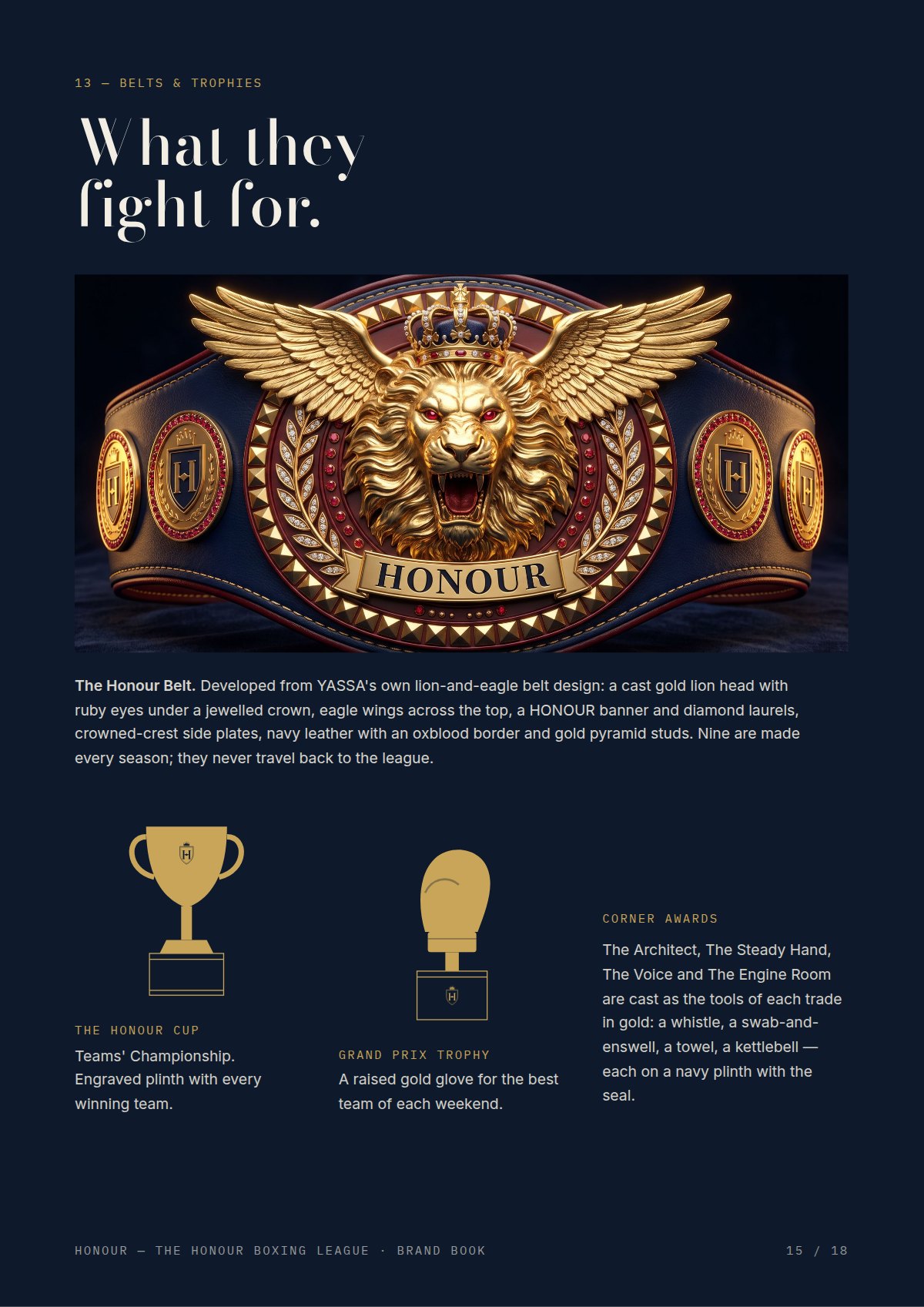 HONOUR brand book page with the lion-and-eagle championship belt and the trophies