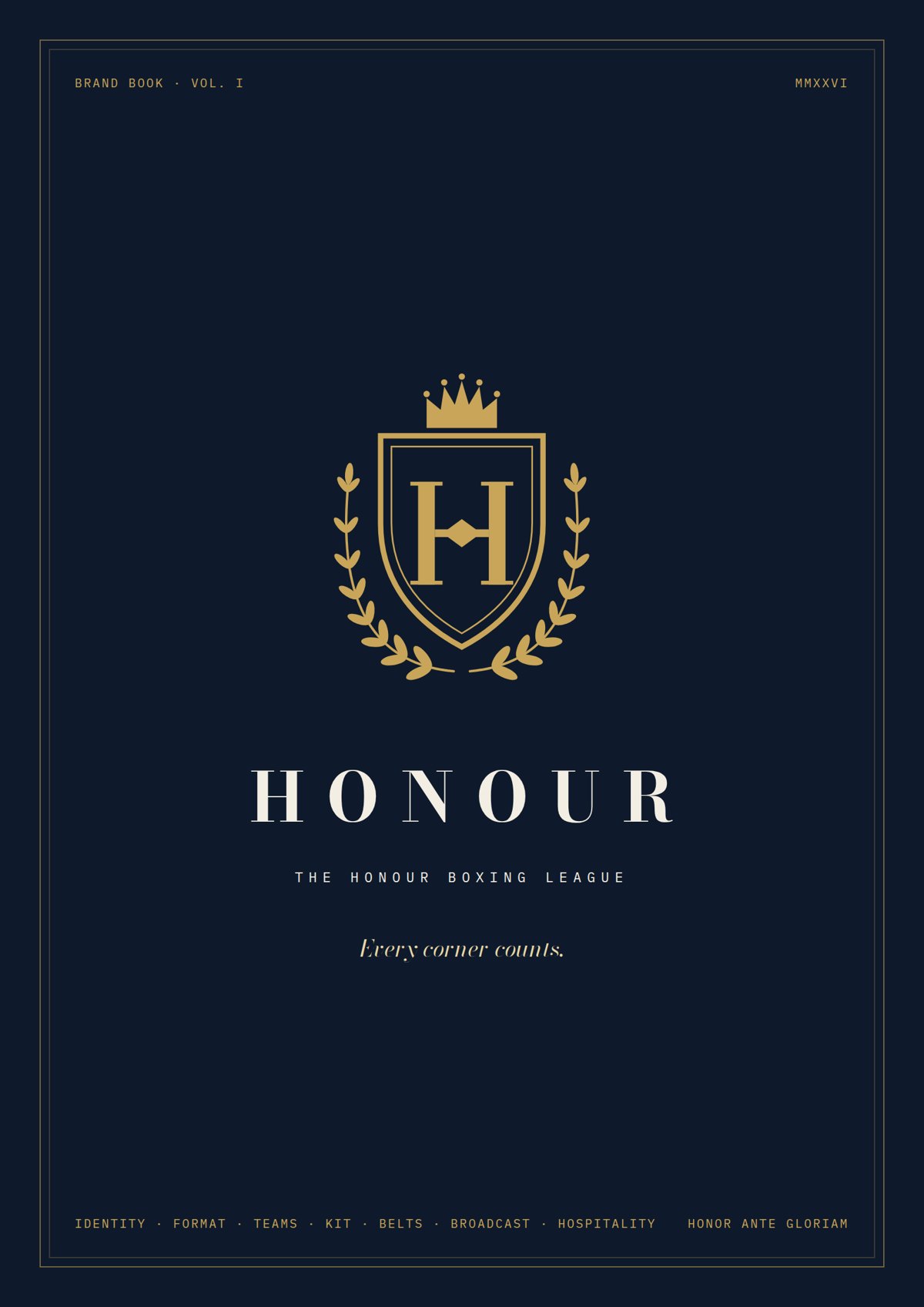 HONOUR brand book cover: gold crowned shield crest with laurels on midnight navy