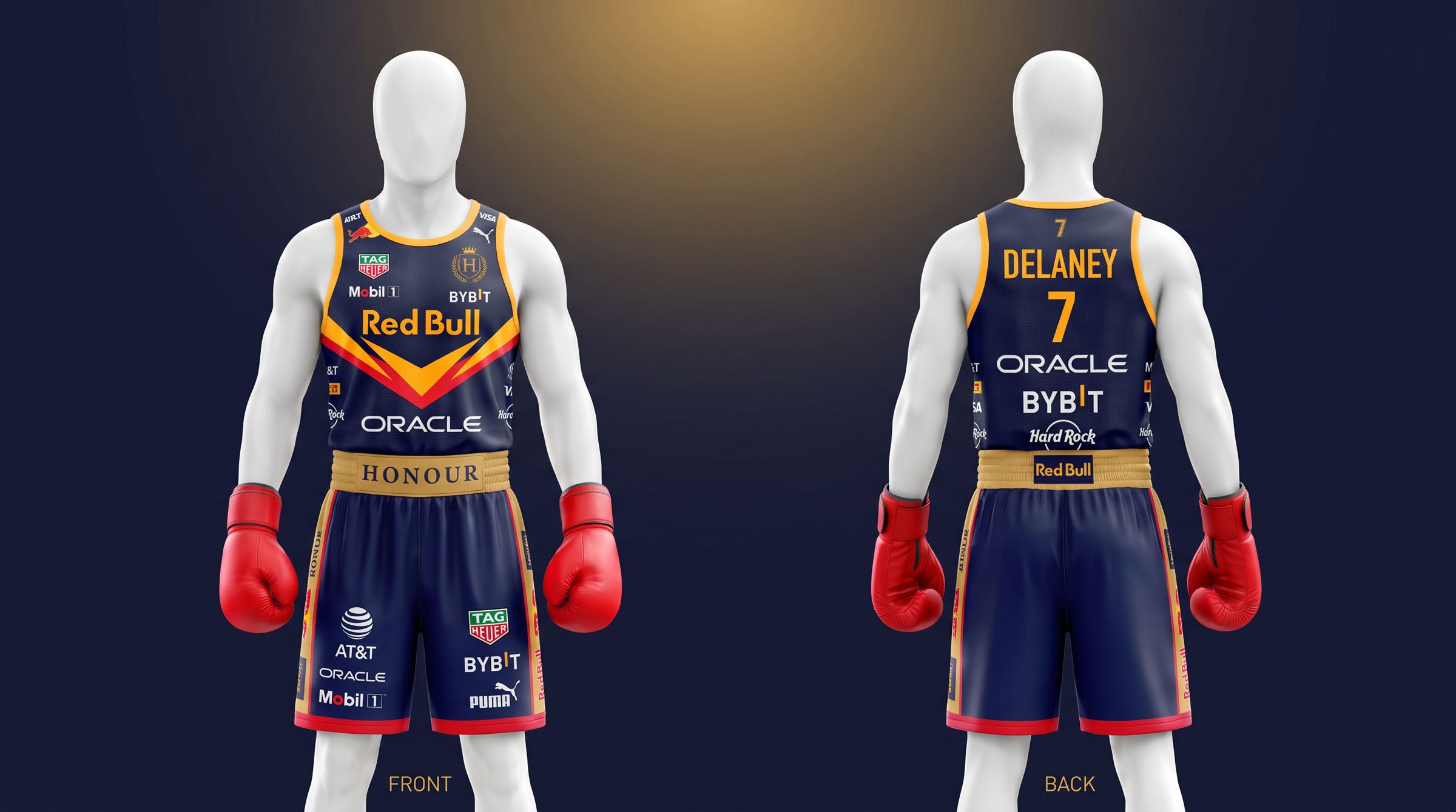 Front and back of the Red Bull Boxing fight kit covered in partner logos like an F1 race suit, with the gold HONOUR waistband and DELANEY 7 on the back