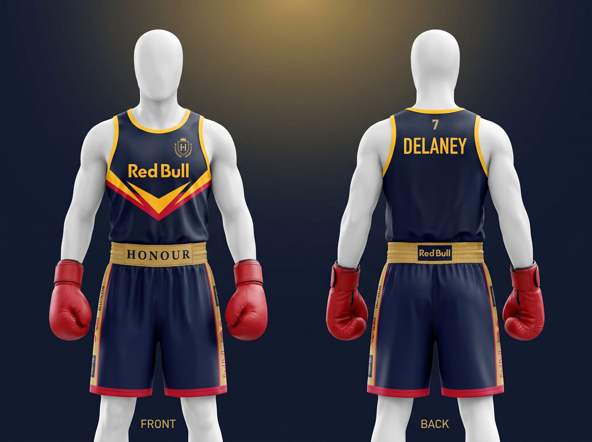 Front and back of the Red Bull Boxing fight kit with the gold HONOUR waistband and the boxer's name on the back