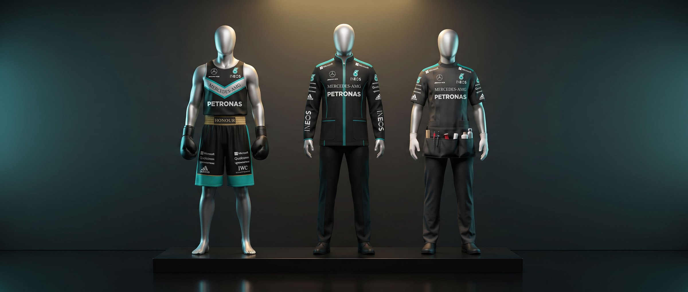 Three mannequins in the Mercedes-AMG Boxing livery covered with PETRONAS, INEOS and partner logos: boxer, head coach and cutman