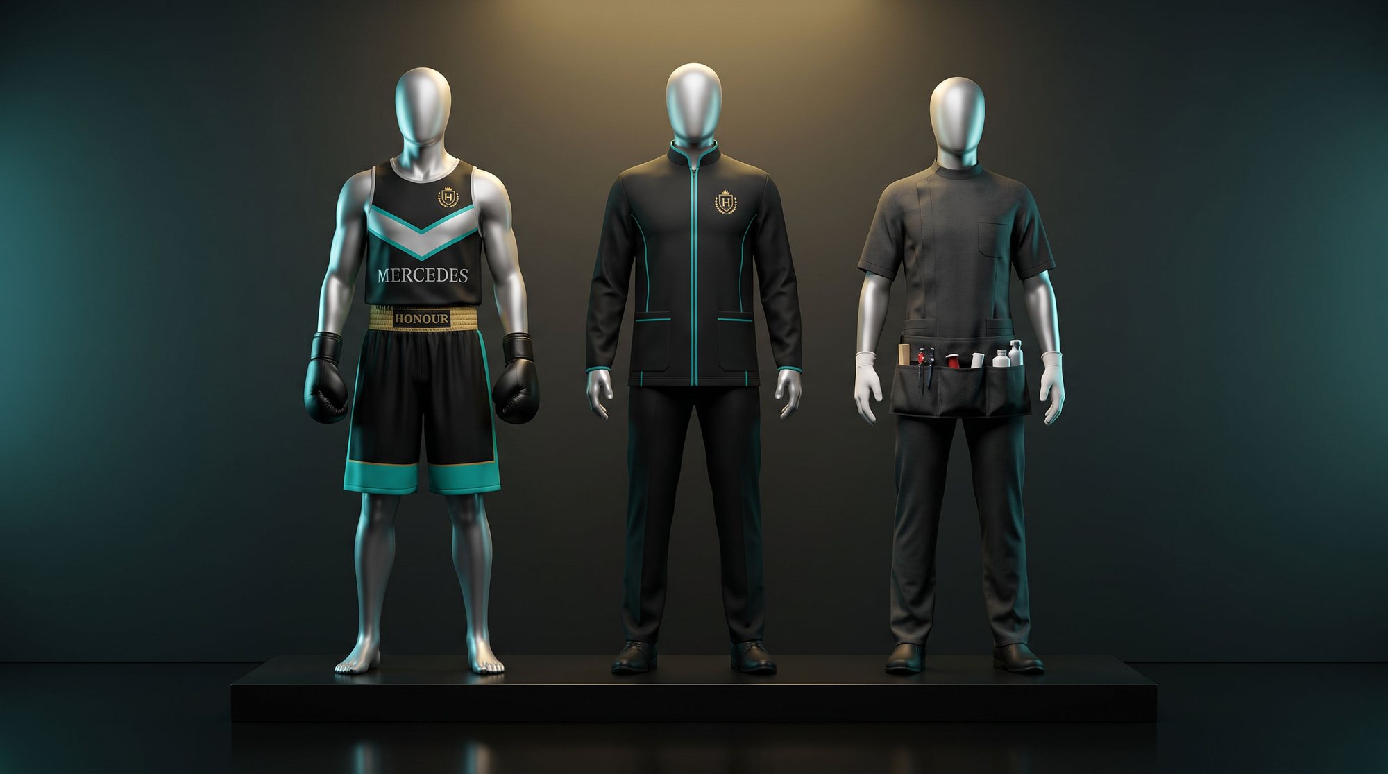 Three mannequins in the Mercedes-AMG Boxing livery: boxer, head coach and cutman