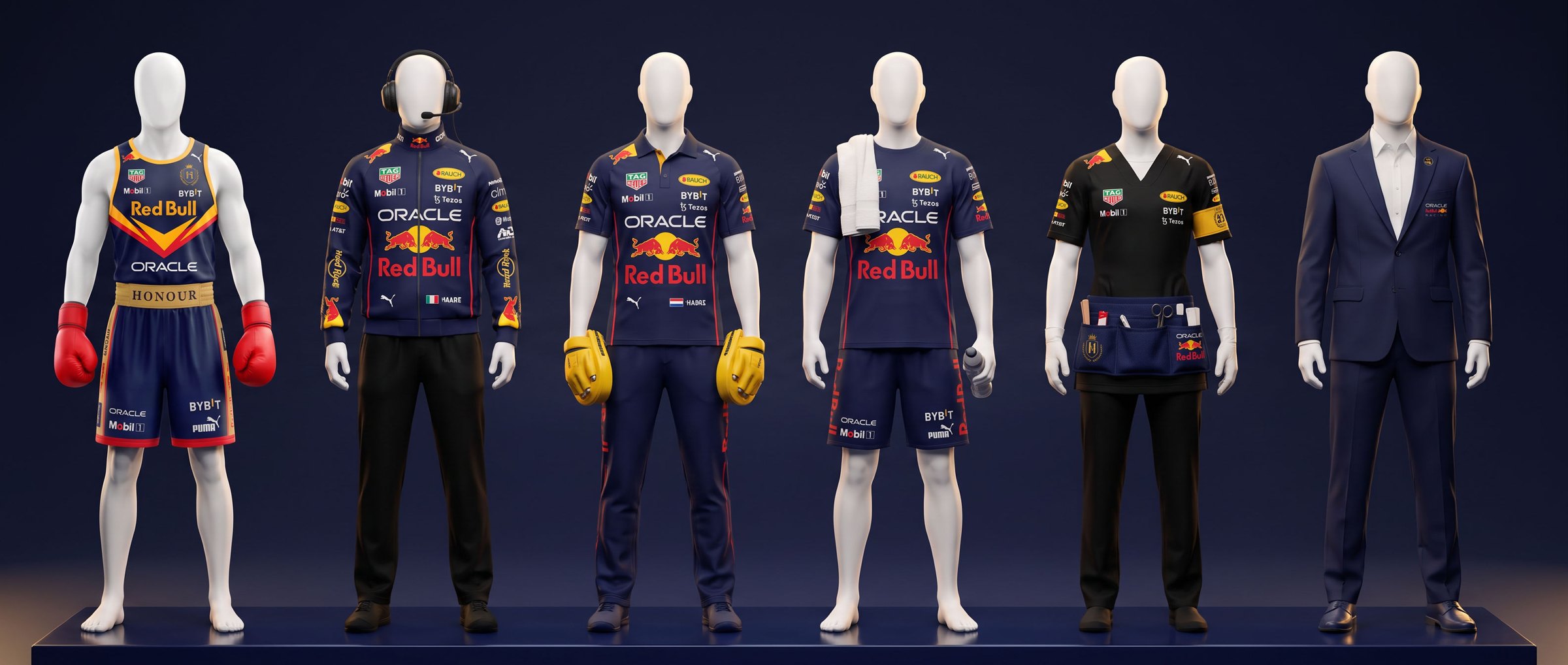 Six mannequins in sponsor-covered Red Bull Boxing team uniforms: boxer in vest and trunks, head coach with headset, trainer with pads, second with towel, cutman with tool apron and team principal in a suit
