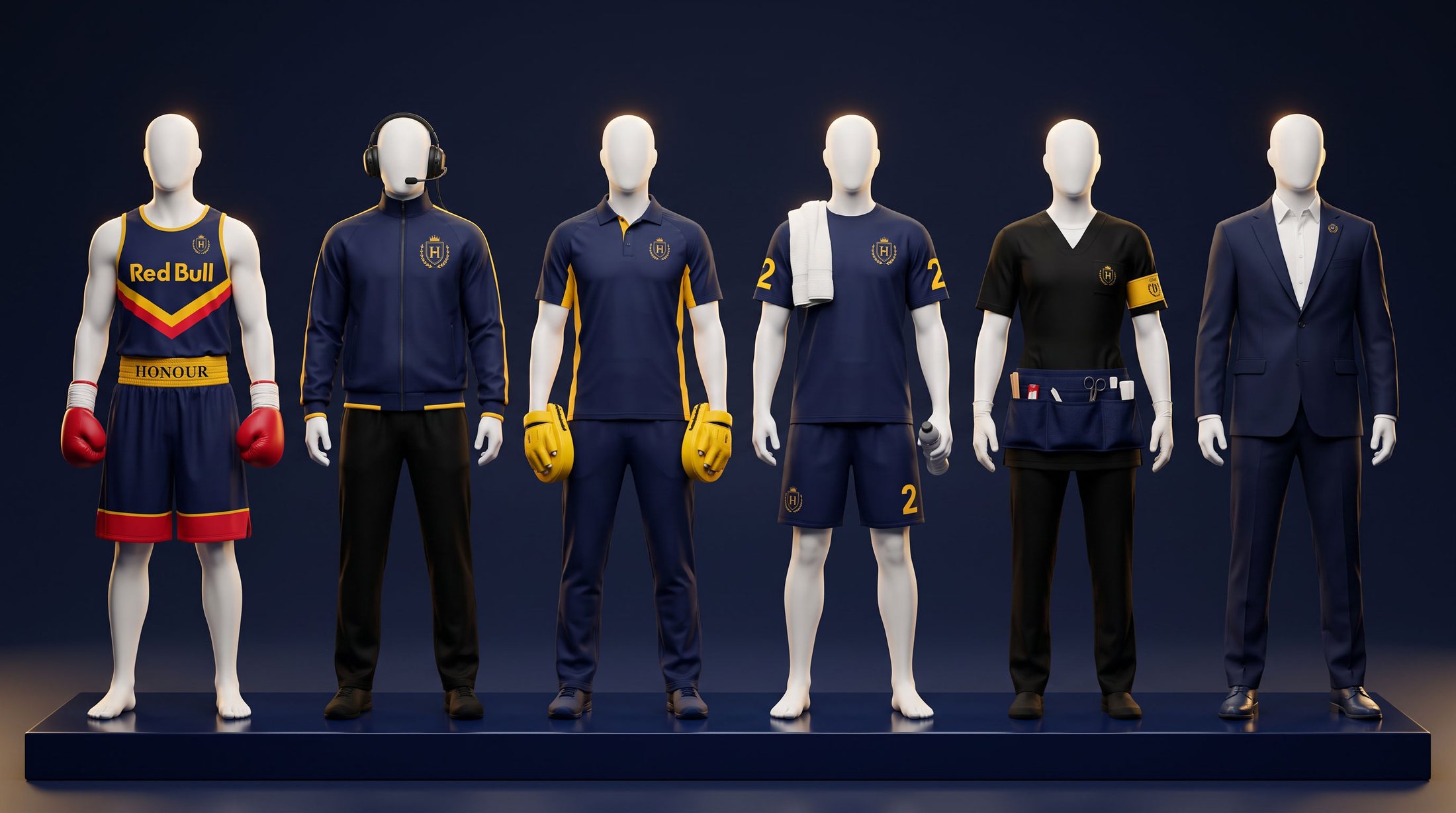 Six mannequins wearing the Red Bull Boxing team uniforms: boxer, head coach, trainer, second, cutman and team principal