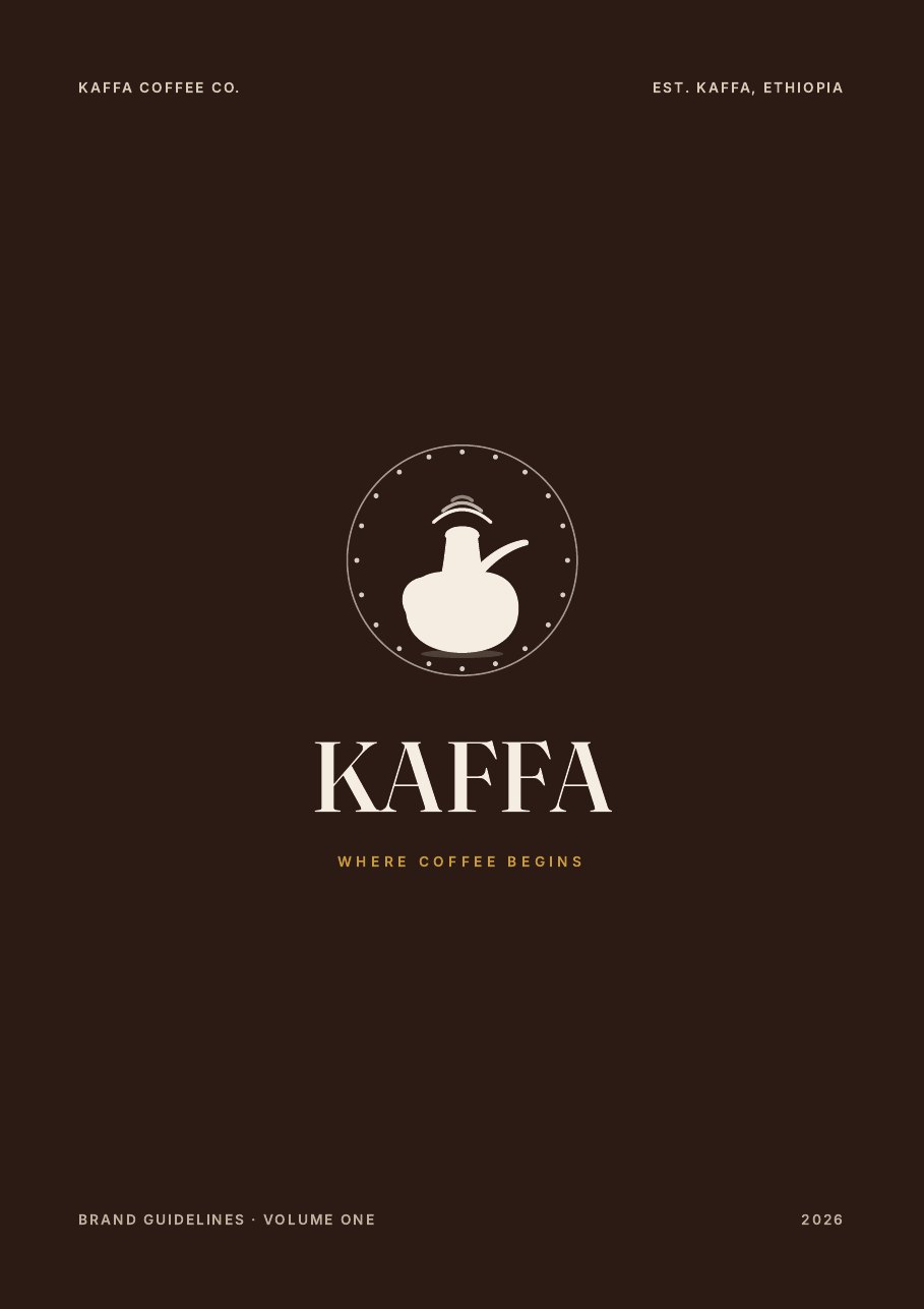 KAFFA brand guidelines cover with the jebena mark and Where Coffee Begins wordmark