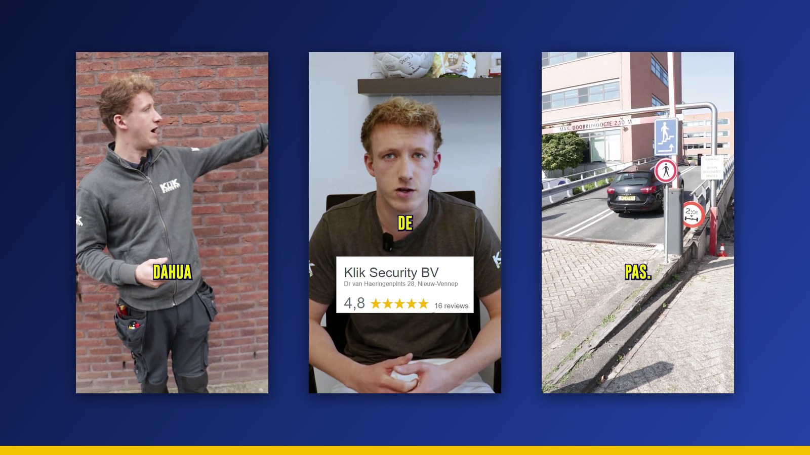 Three Klik Security video stills — an installer pointing out a Dahua camera, a team member at his desk and a barrier gate — on a navy gradient with a yellow stripe