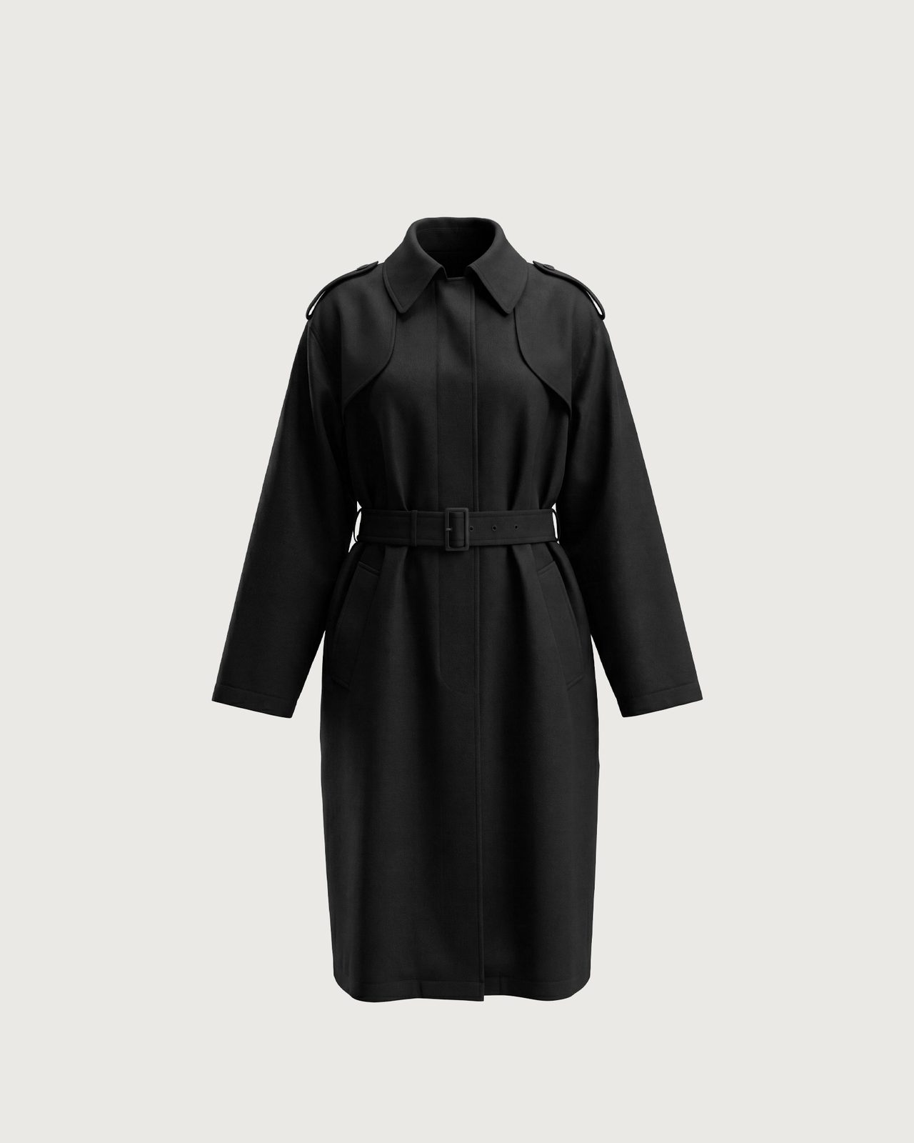3D render of a black belted Kallouchi trench coat