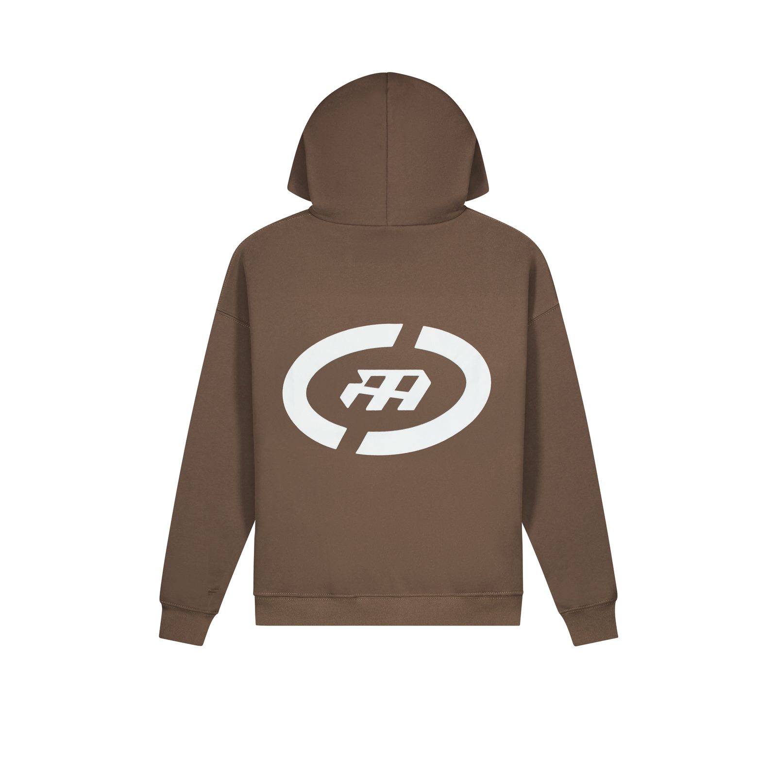 Flat of the brown Mohina hoodie with a large back logo