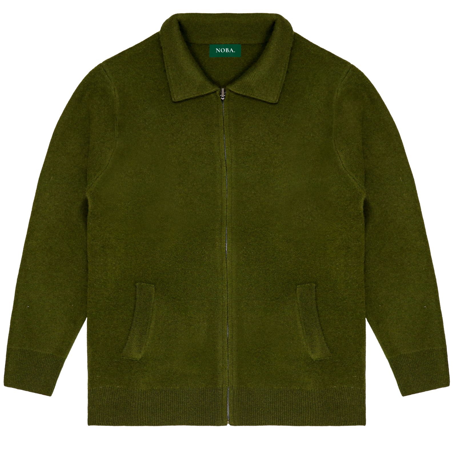 Flat lay of an olive knitted NOBA zip jacket