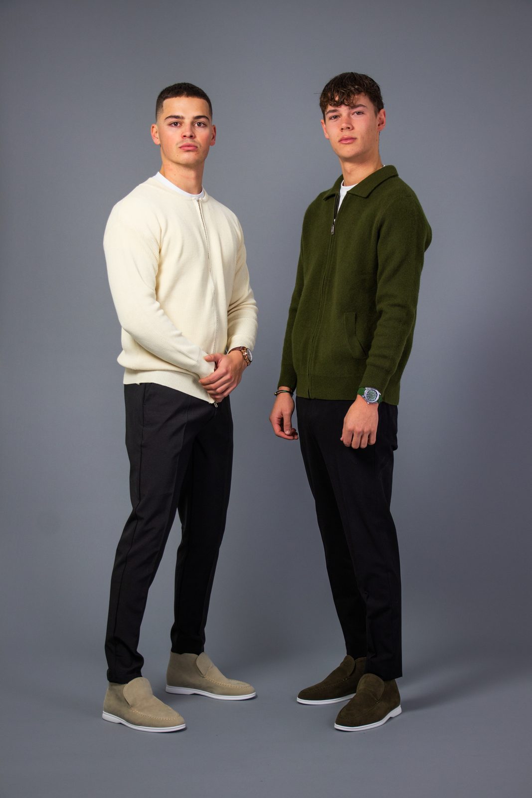 Two models in cream and olive NOBA knitwear