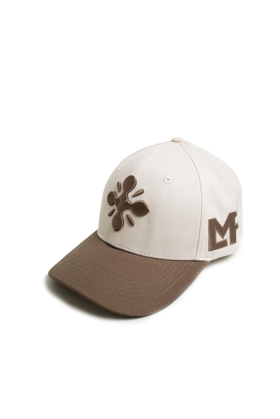 Cream LMF cap with a brown peak and logo
