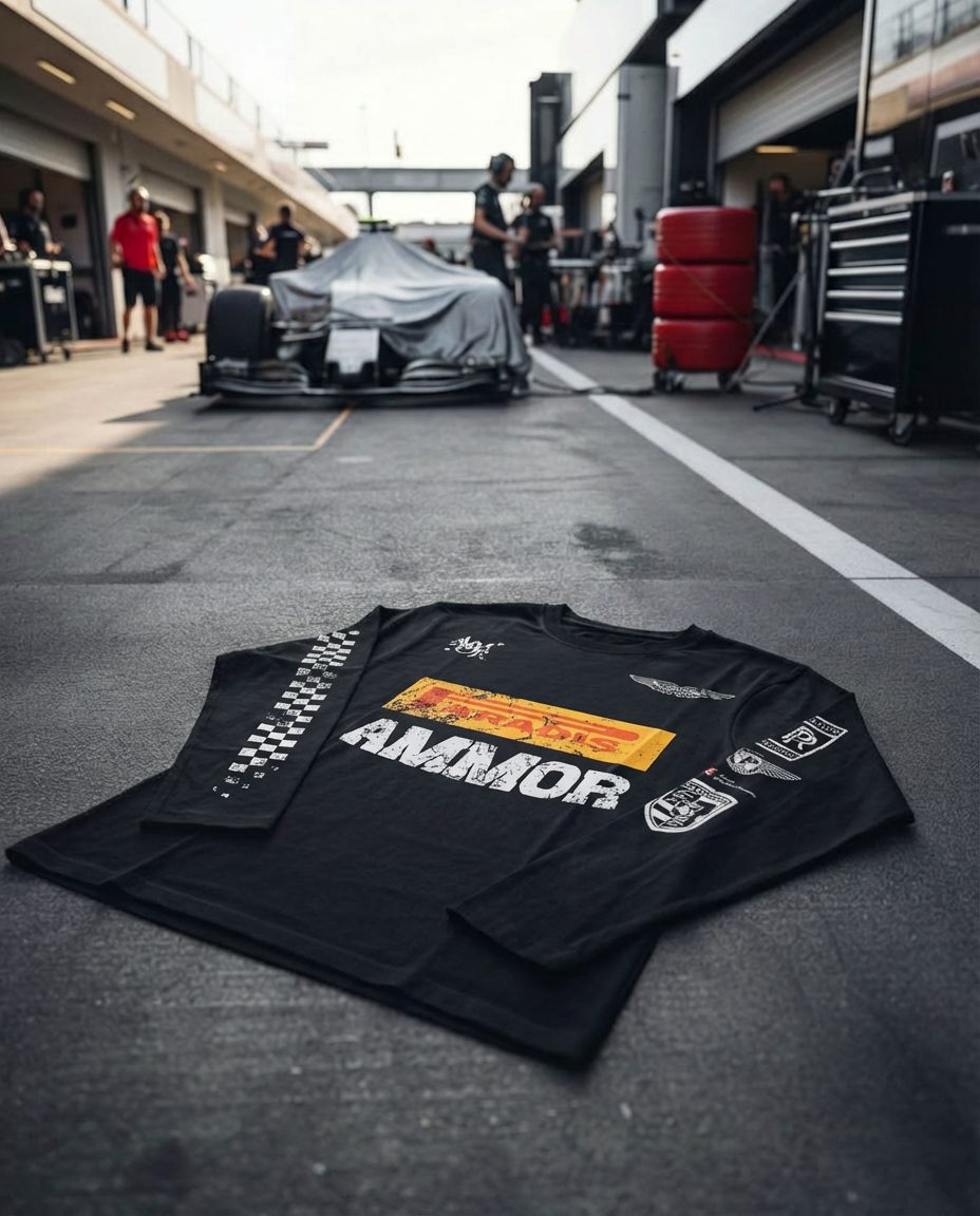 AI image: the black Paradis Ammor racing longsleeve laid flat in a pit lane beside a covered race car