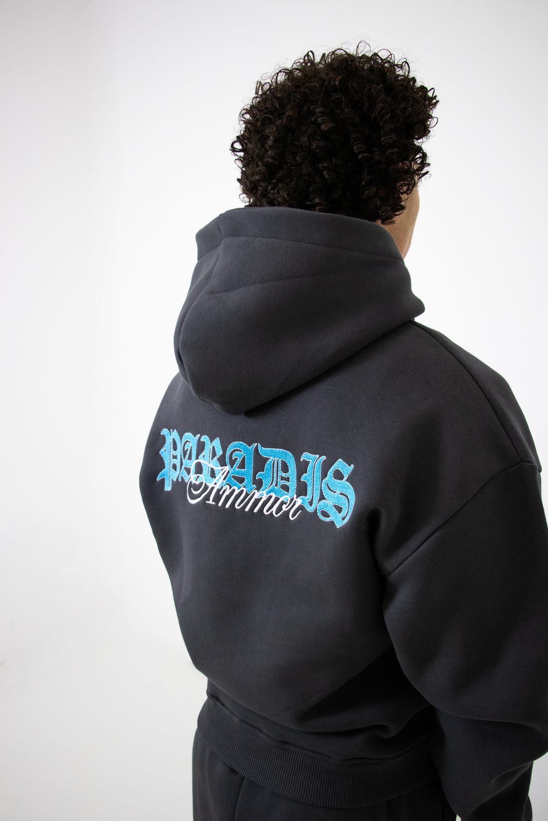 Back of the dark grey hoodie with a blue Paradis Ammor print