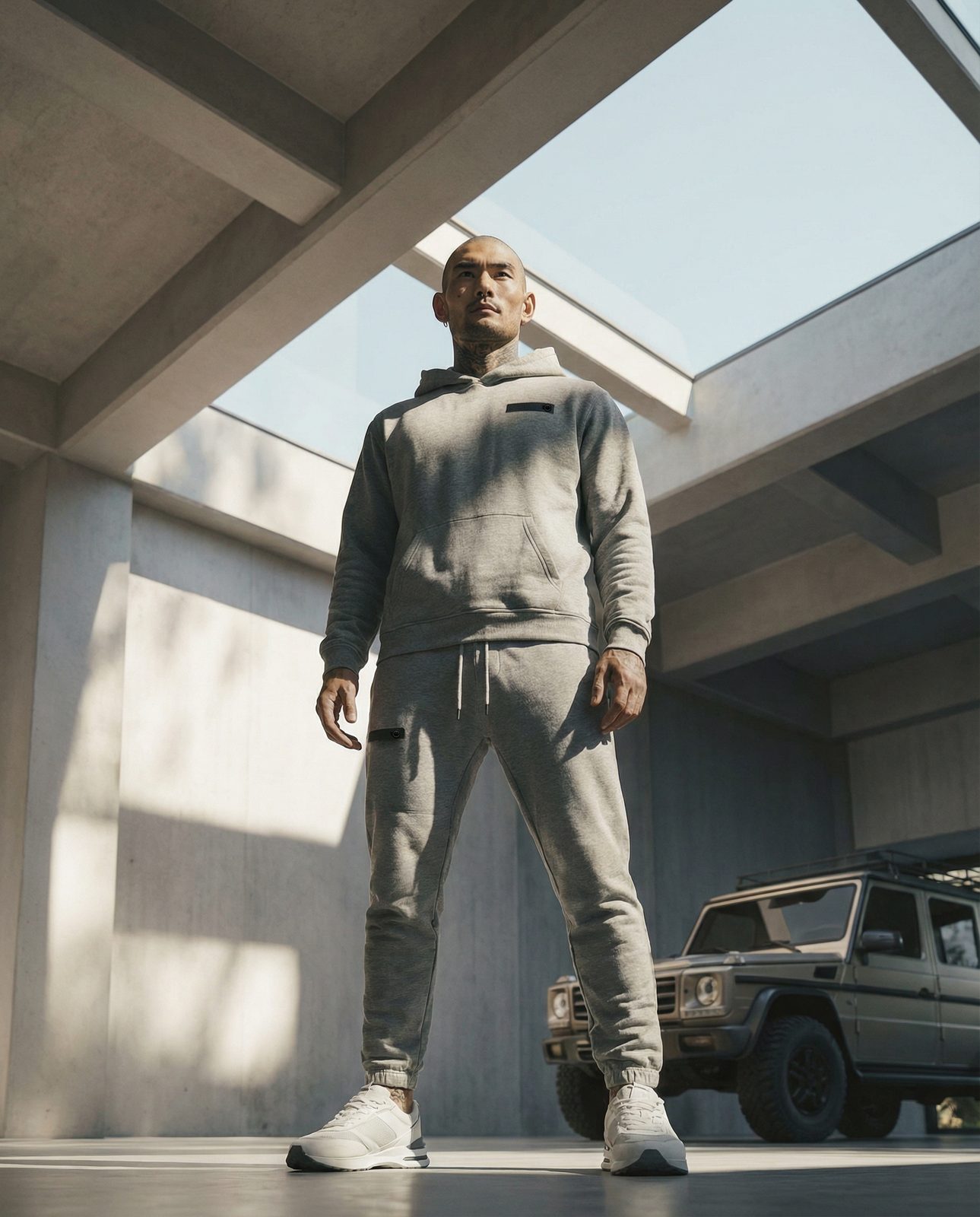 AI image: model in a grey Thrivefluence tracksuit in a concrete garage with skylights