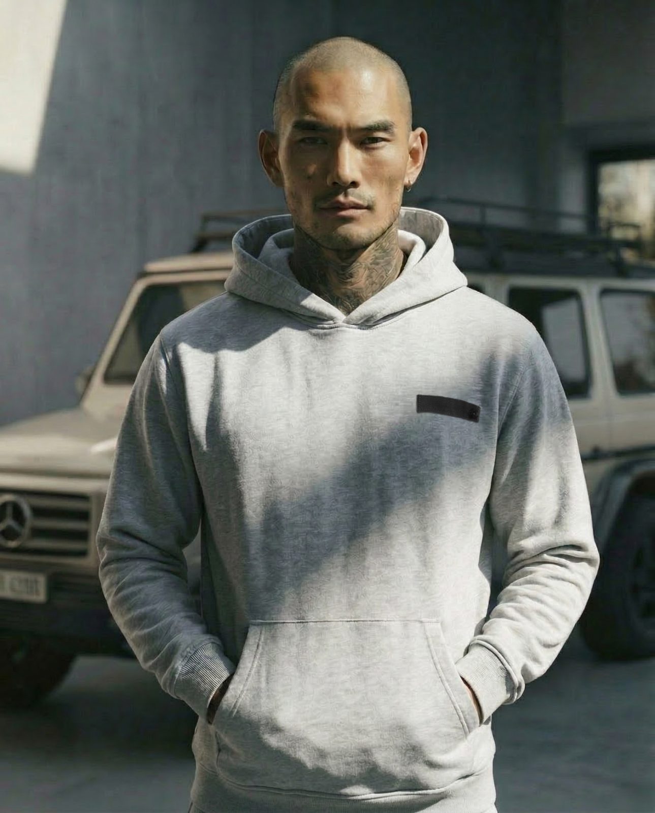 AI image: tattooed model in a grey Thrivefluence hoodie in front of an off-road car