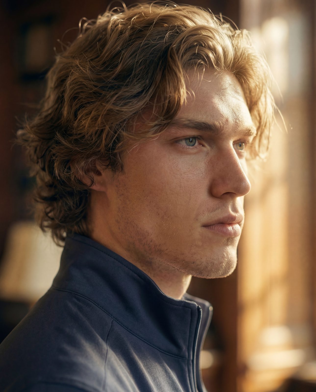 AI image: close-up of a model in a navy Thrivefluence track jacket in warm light