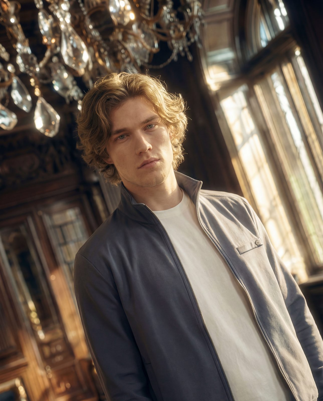 AI image: model in a navy track jacket in an ornate library
