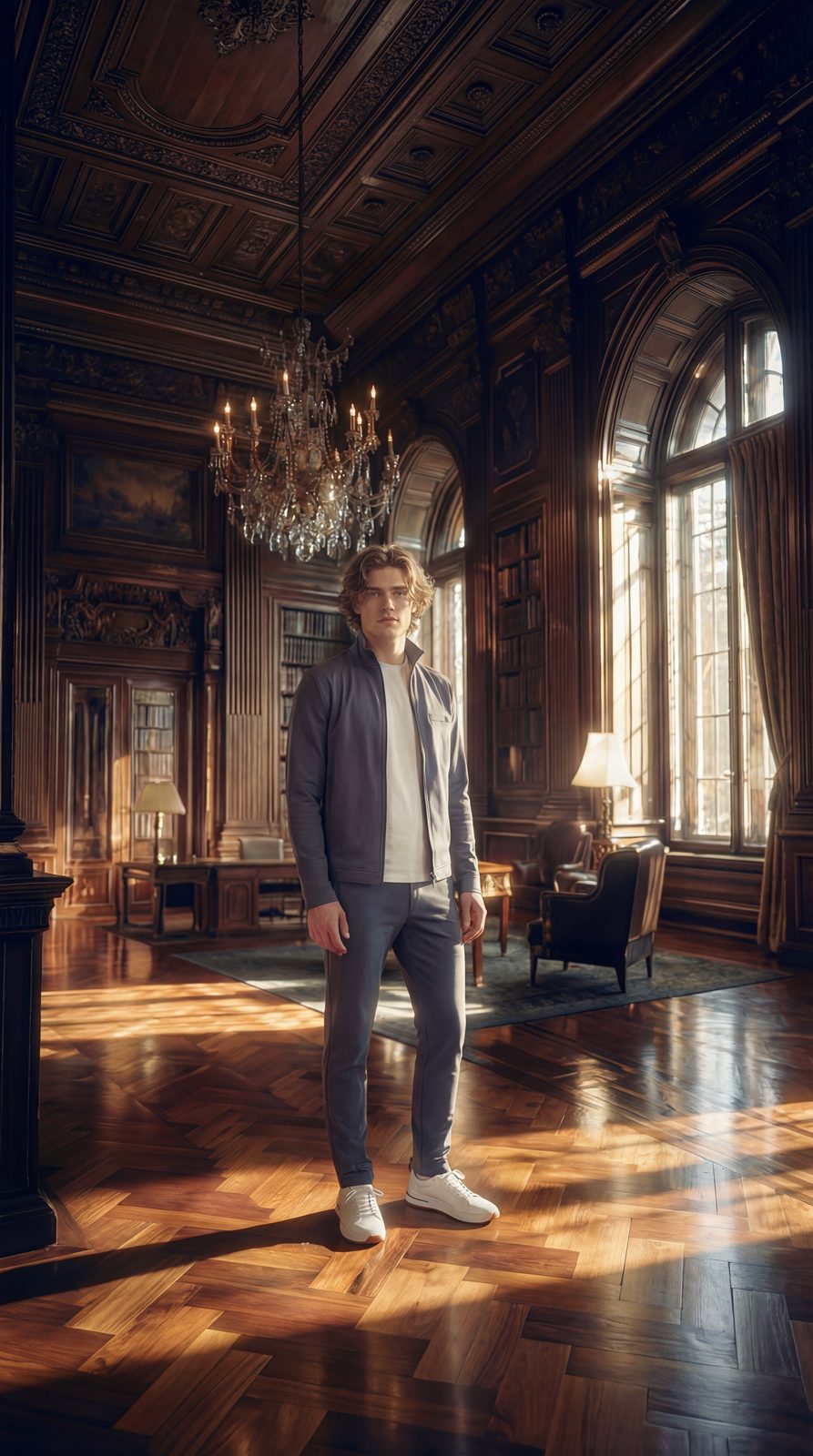 AI image: model standing in a grand library with chandeliers