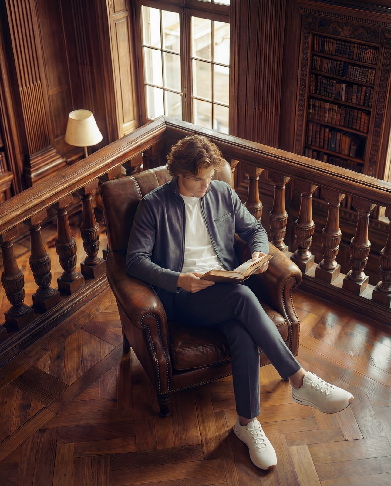 AI image: model reading in a leather armchair on a library balcony