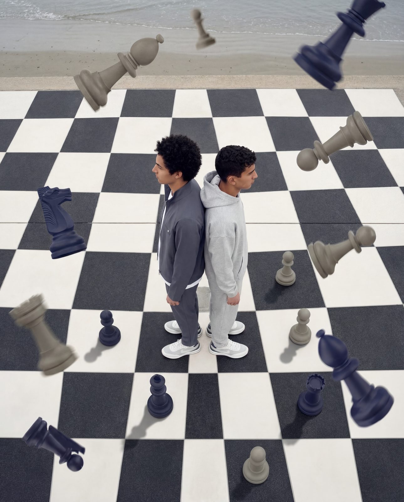 AI image: two models on a giant chessboard with chess pieces falling around them