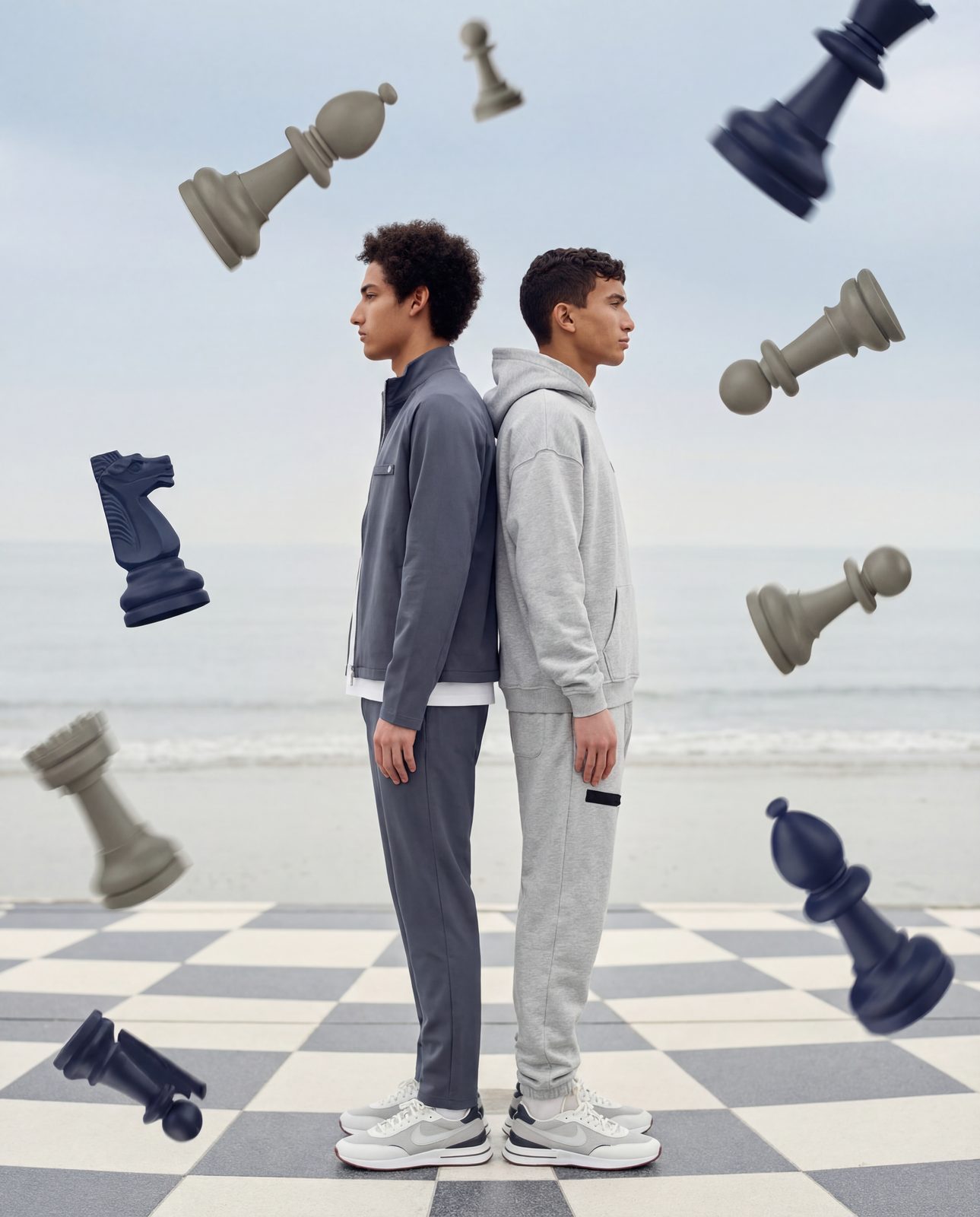 AI image: two models back to back on a beach chessboard with floating pieces
