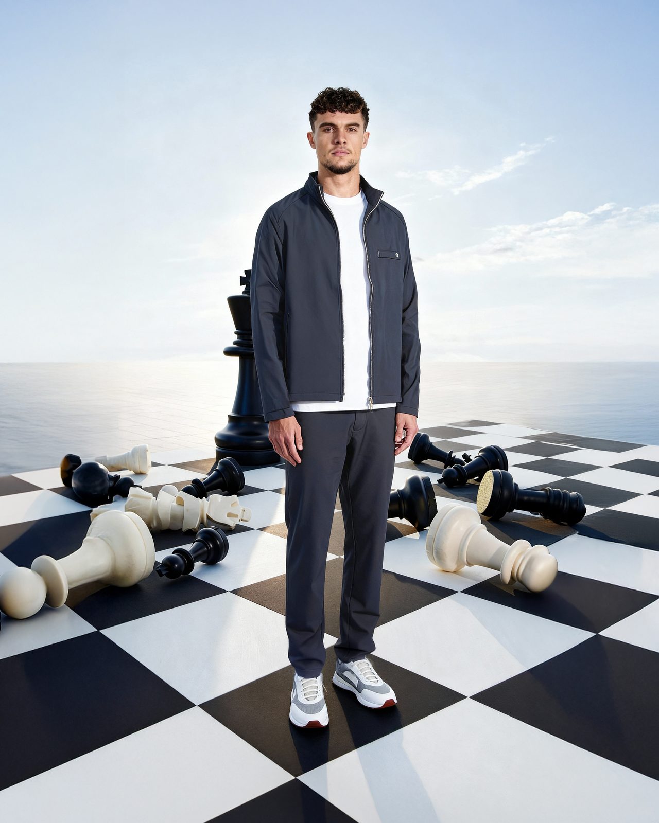 AI image: model in a navy track jacket on a chessboard by the sea