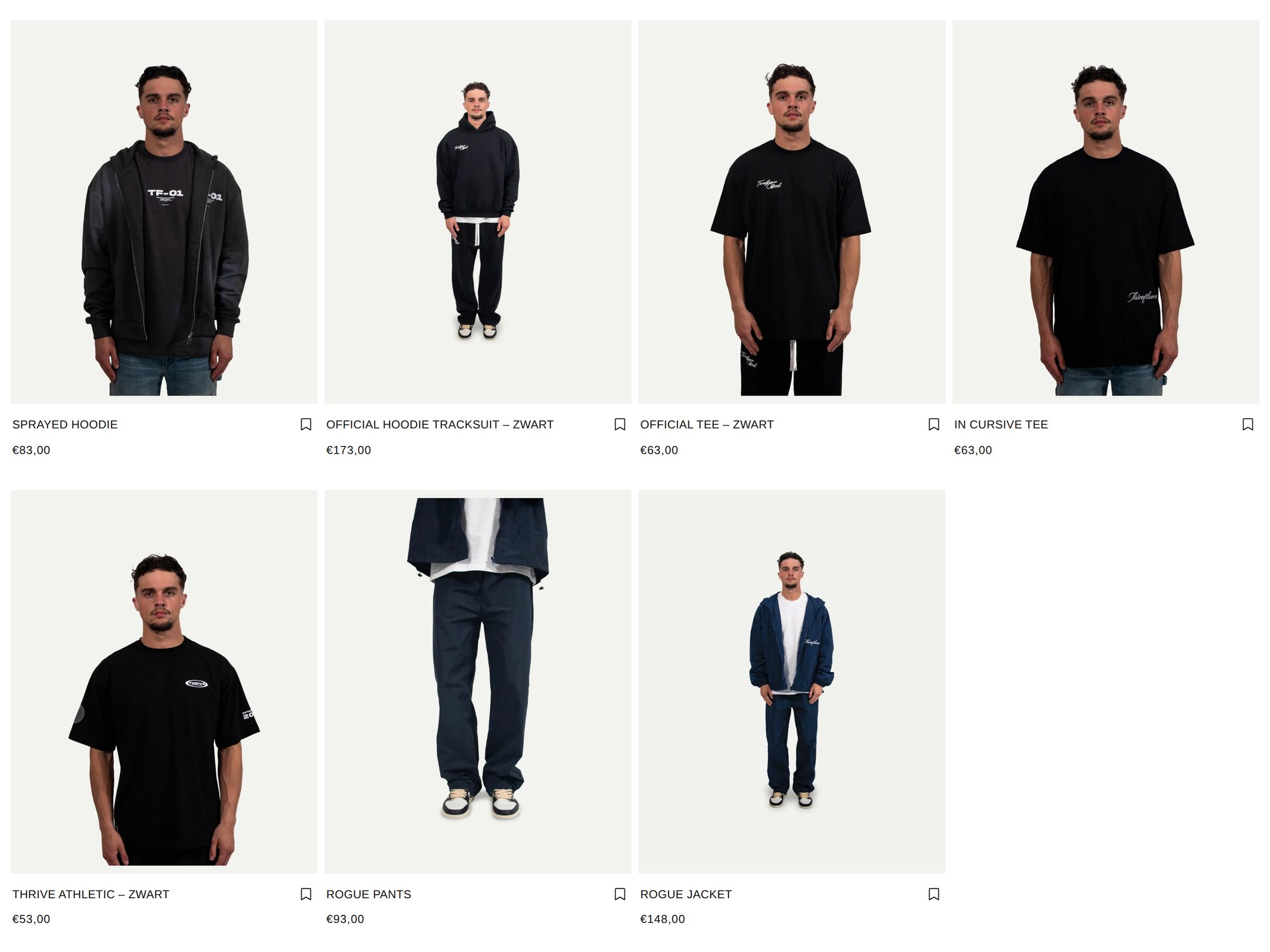 Thrivefluence homepage bestseller grid with studio e-commerce photos