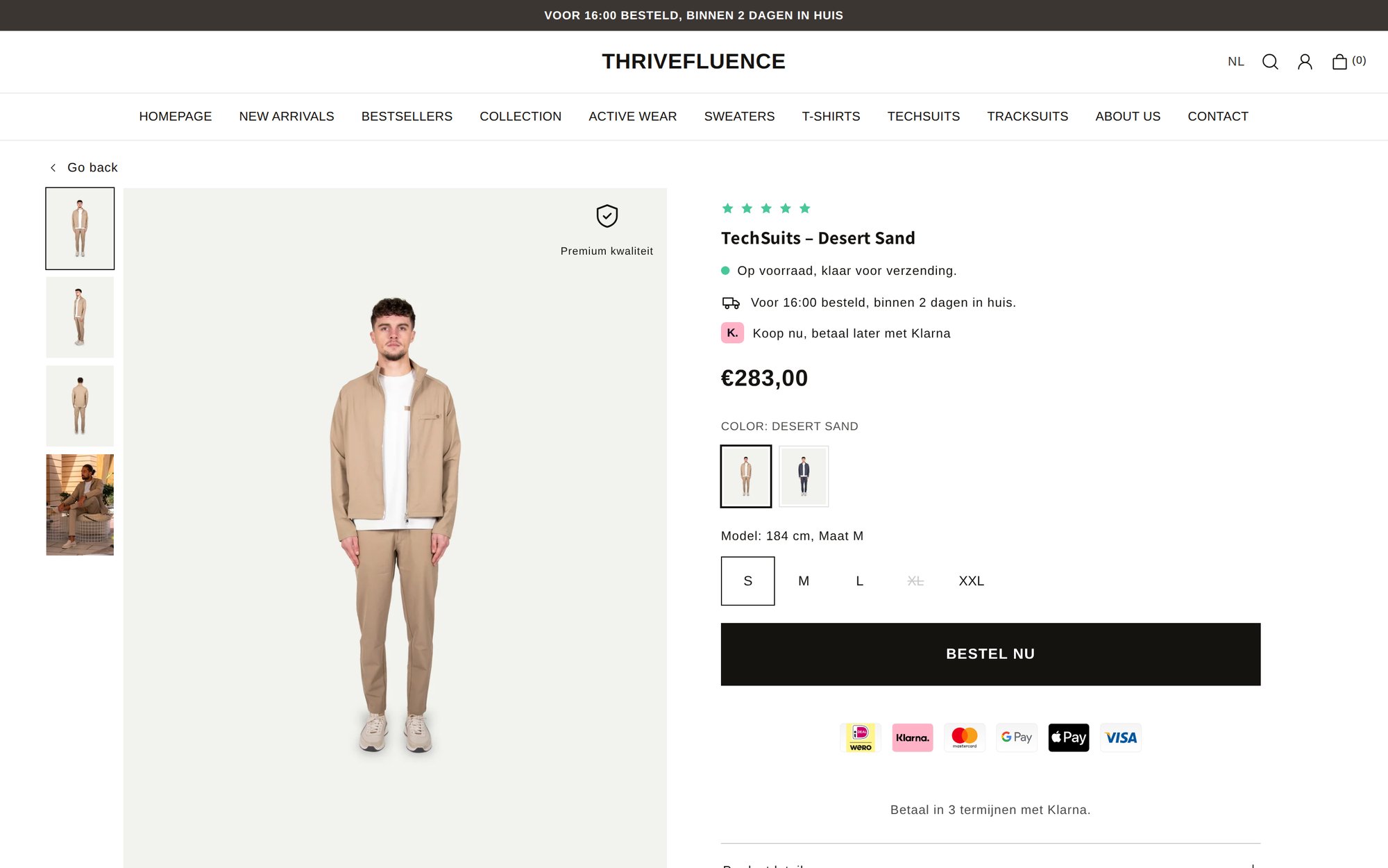 Thrivefluence product page for the TechSuits in Desert Sand on desktop