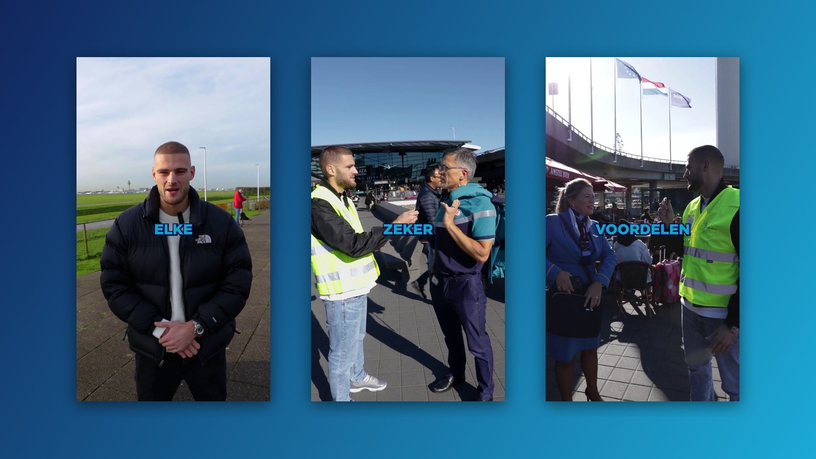 Three Saba Benelux TikTok stills at Schiphol — a presenter by the runway and two street interviews with a security officer and a ground stewardess — on a navy-to-cyan gradient